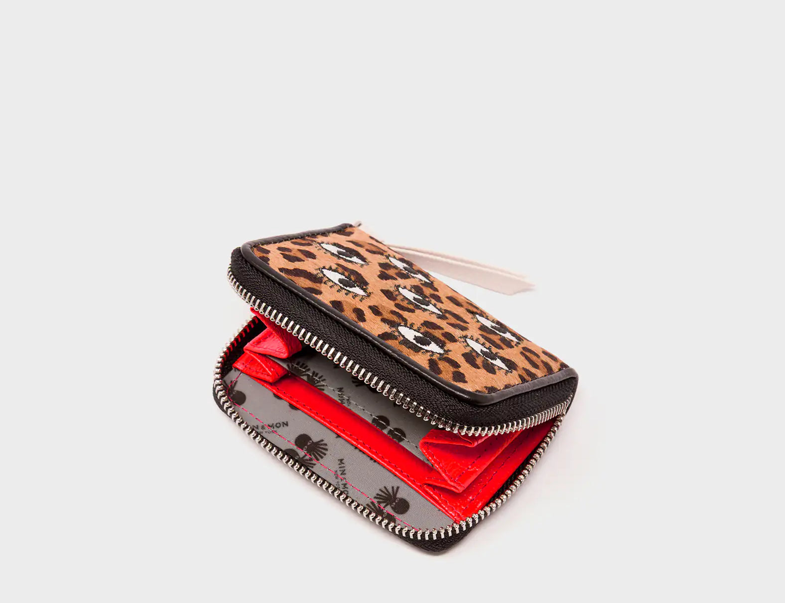 Frodo Animal Print Leather Zip Around Wallet - All Over Eyes Embroidery - Open