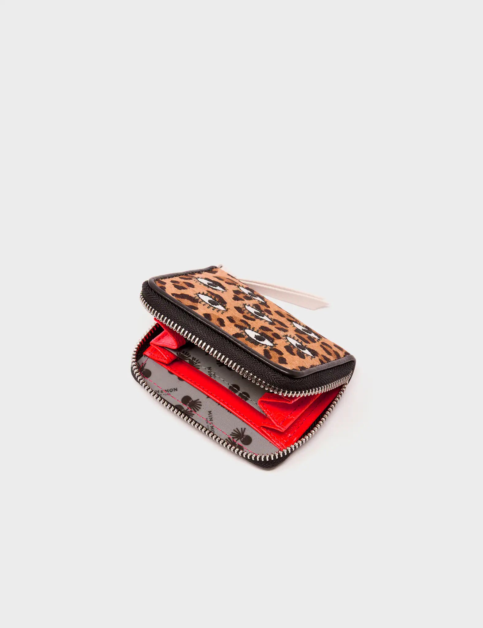 Frodo Animal Print Leather Zip Around Wallet - All Over Eyes Embroidery - Open