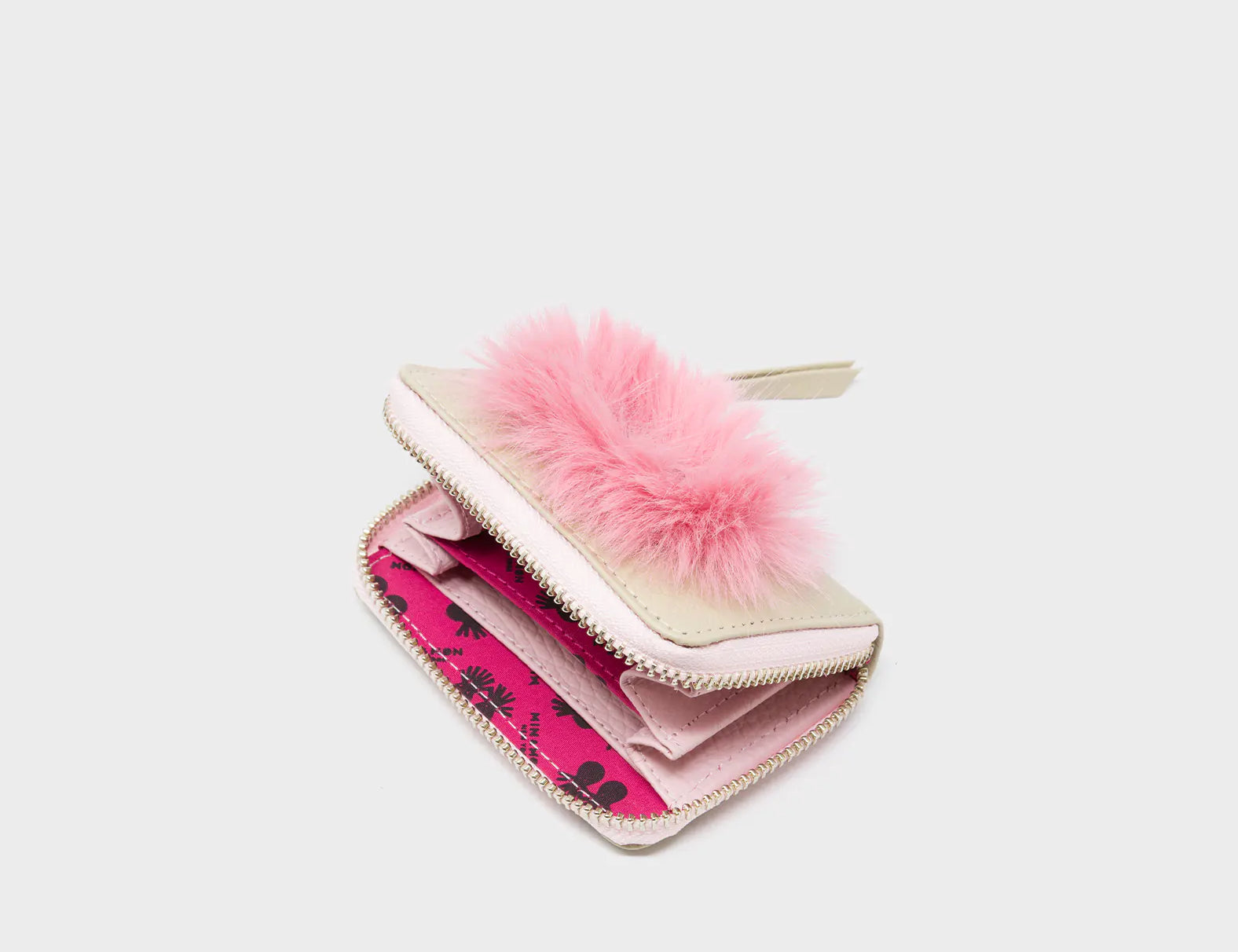 Frodo Gravel Beige Leather Zip Around Wallet - Fuzzy Monster Applique - Open
