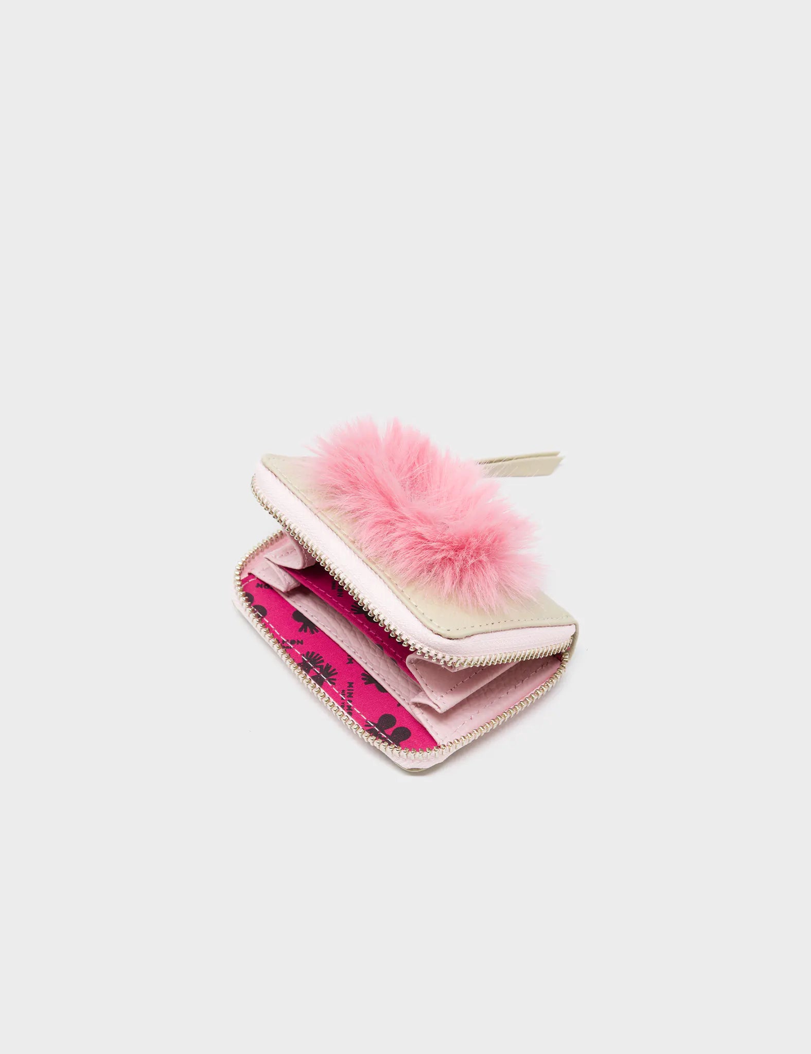 Frodo Gravel Beige Leather Zip Around Wallet - Fuzzy Monster Applique - Open