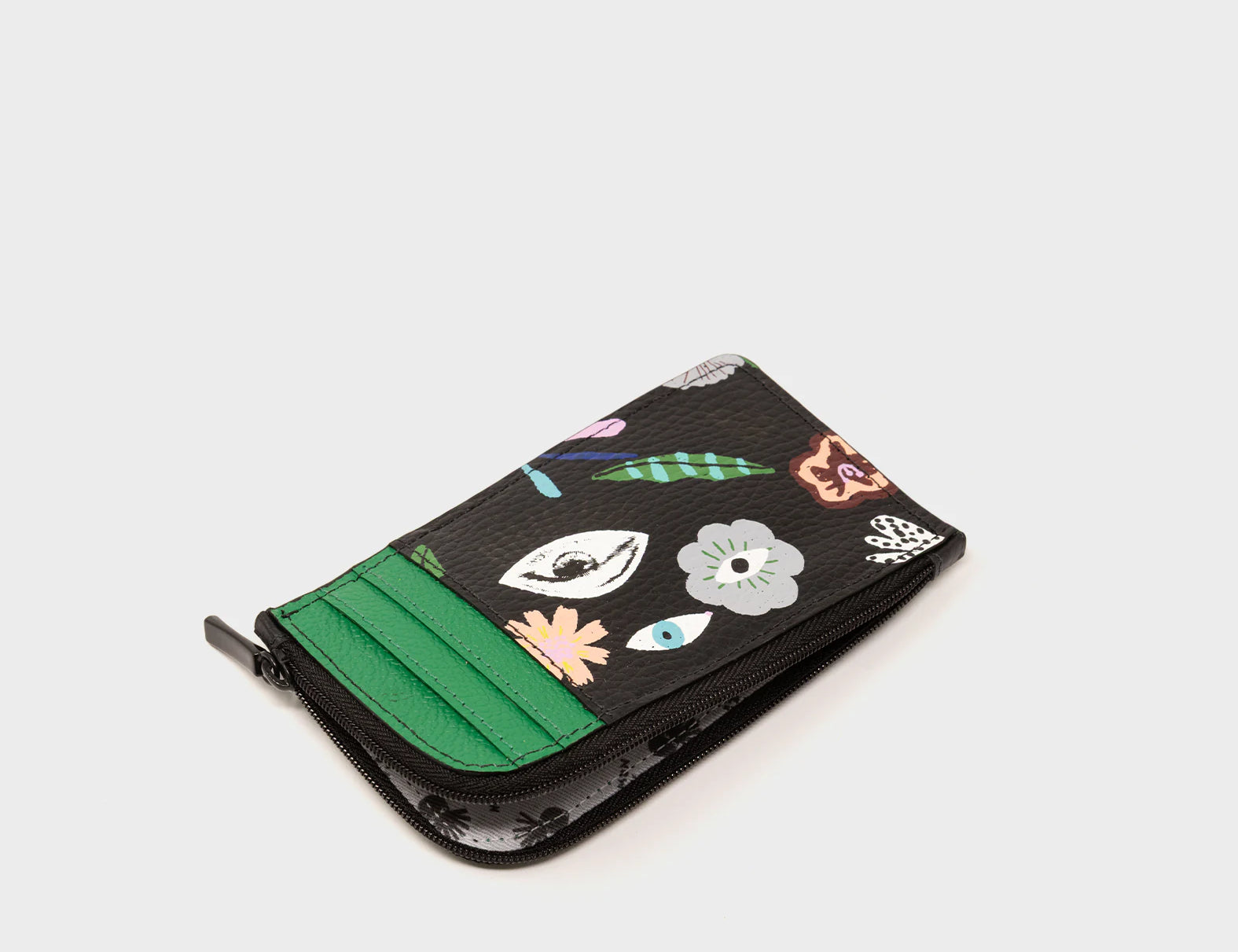 Fausto Black Leather Zip-around Cardholder - Floralia Print - Open