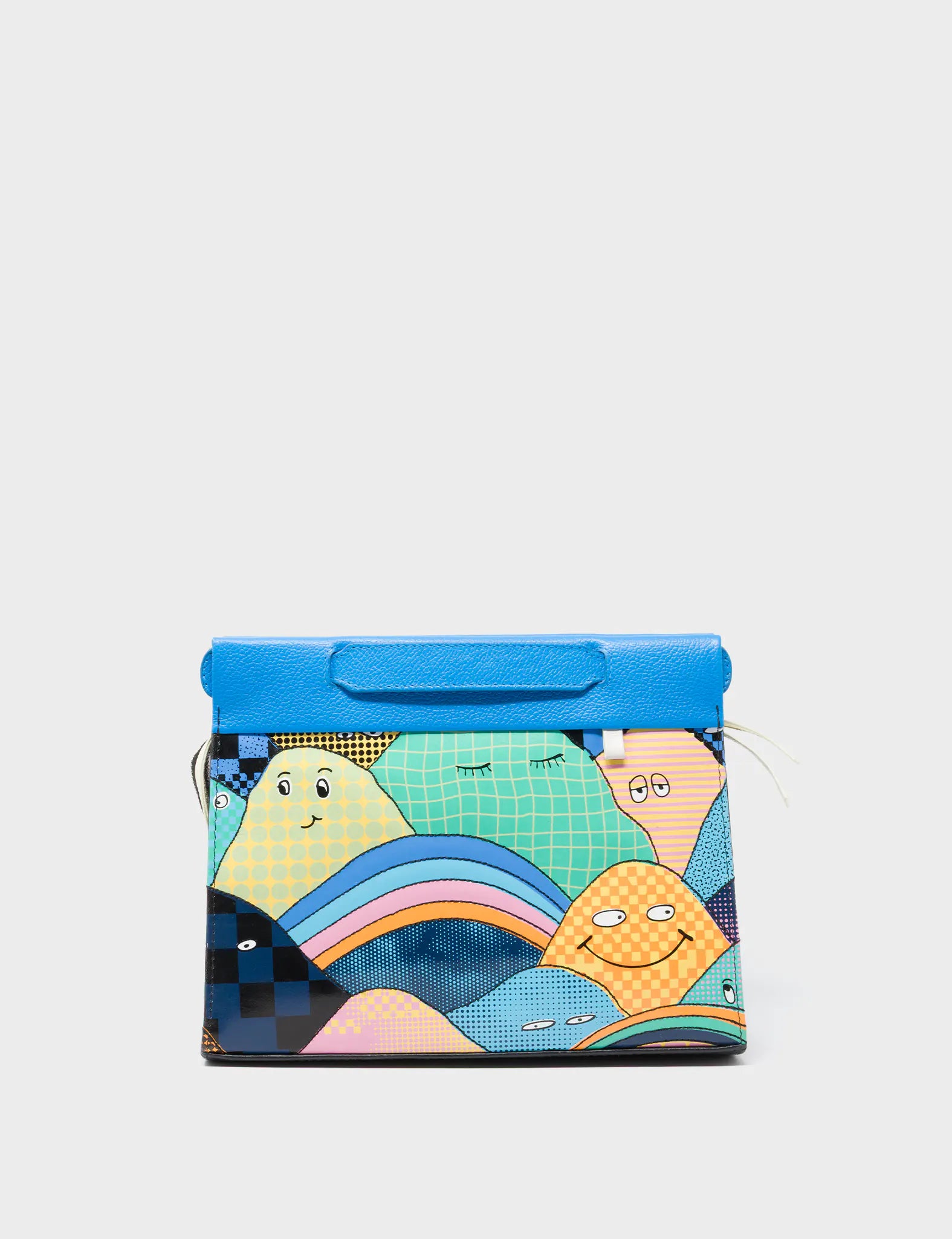 Vali Small Crossbody Ibiza Blue and Black Leather Bag - Happy Mountains Print - Front View