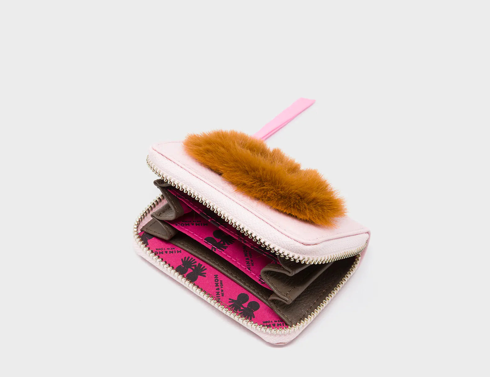 Frodo Parfait Pink Leather Zip Around Wallet - Fuzzy Monster Applique - Open