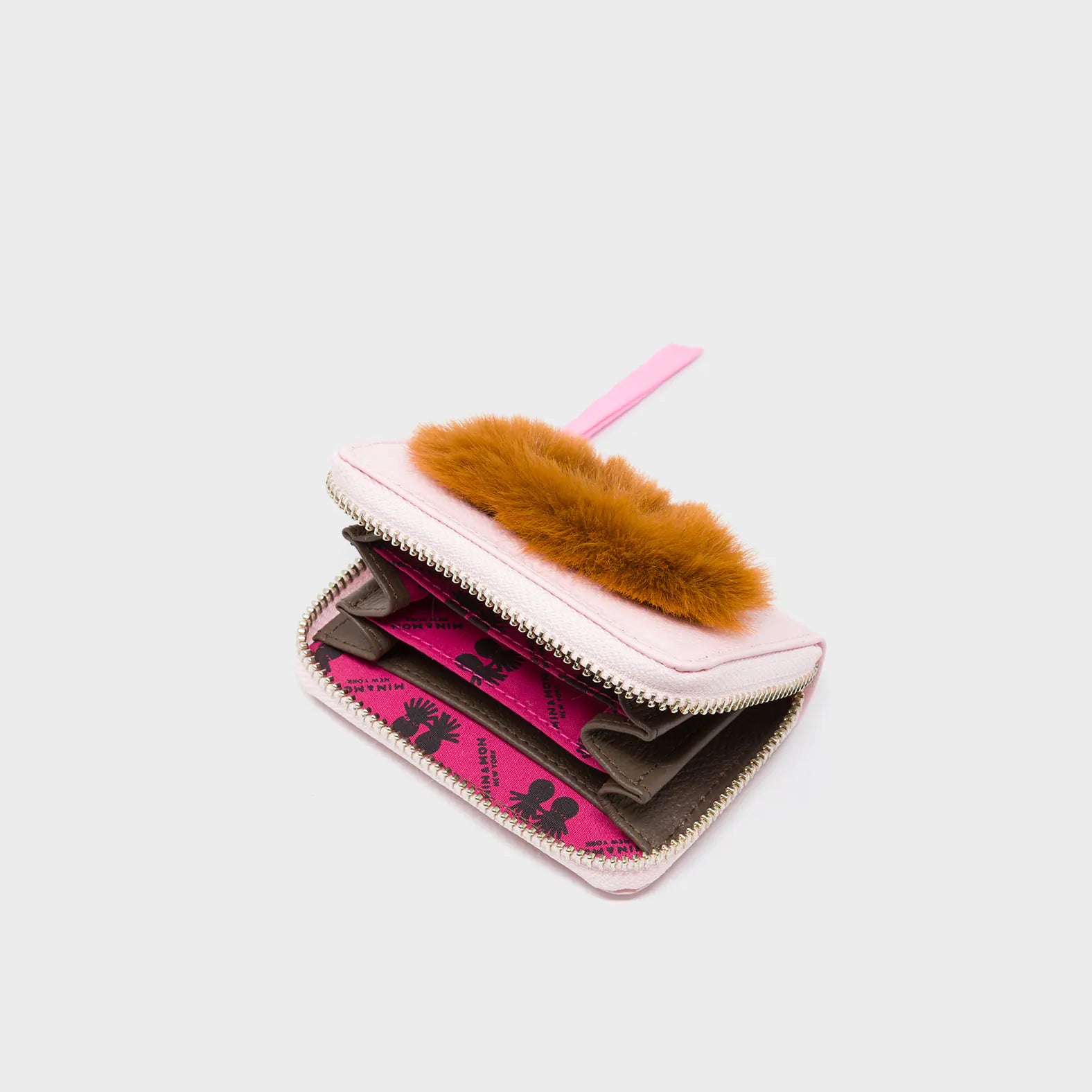 Frodo Parfait Pink Leather Zip Around Wallet - Fuzzy Monster Applique - Open