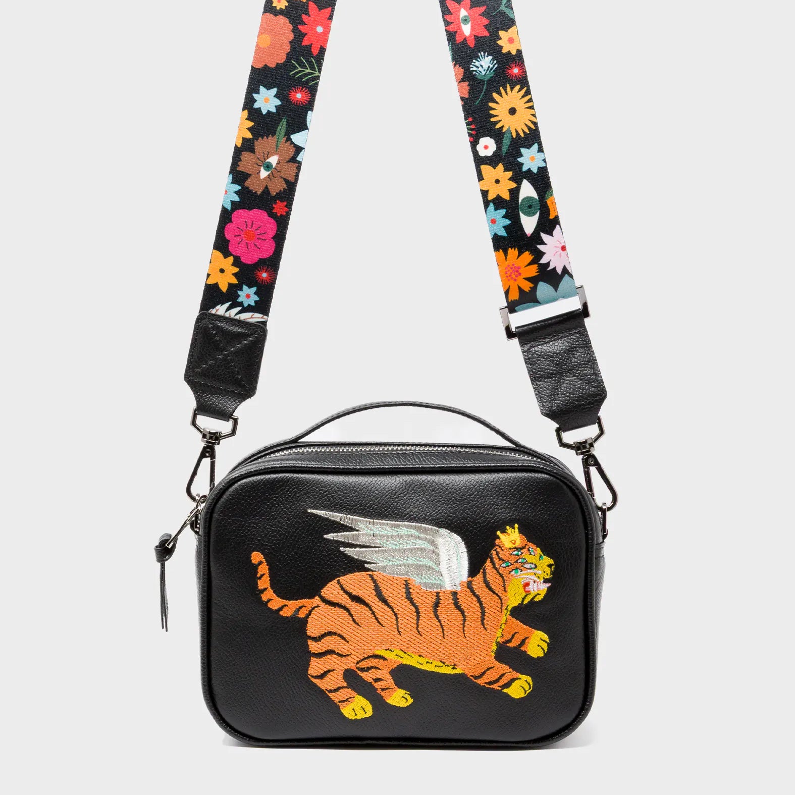 Verto Black Leather Crossbody Bag - Winged Tiger Embroidery - Strap View