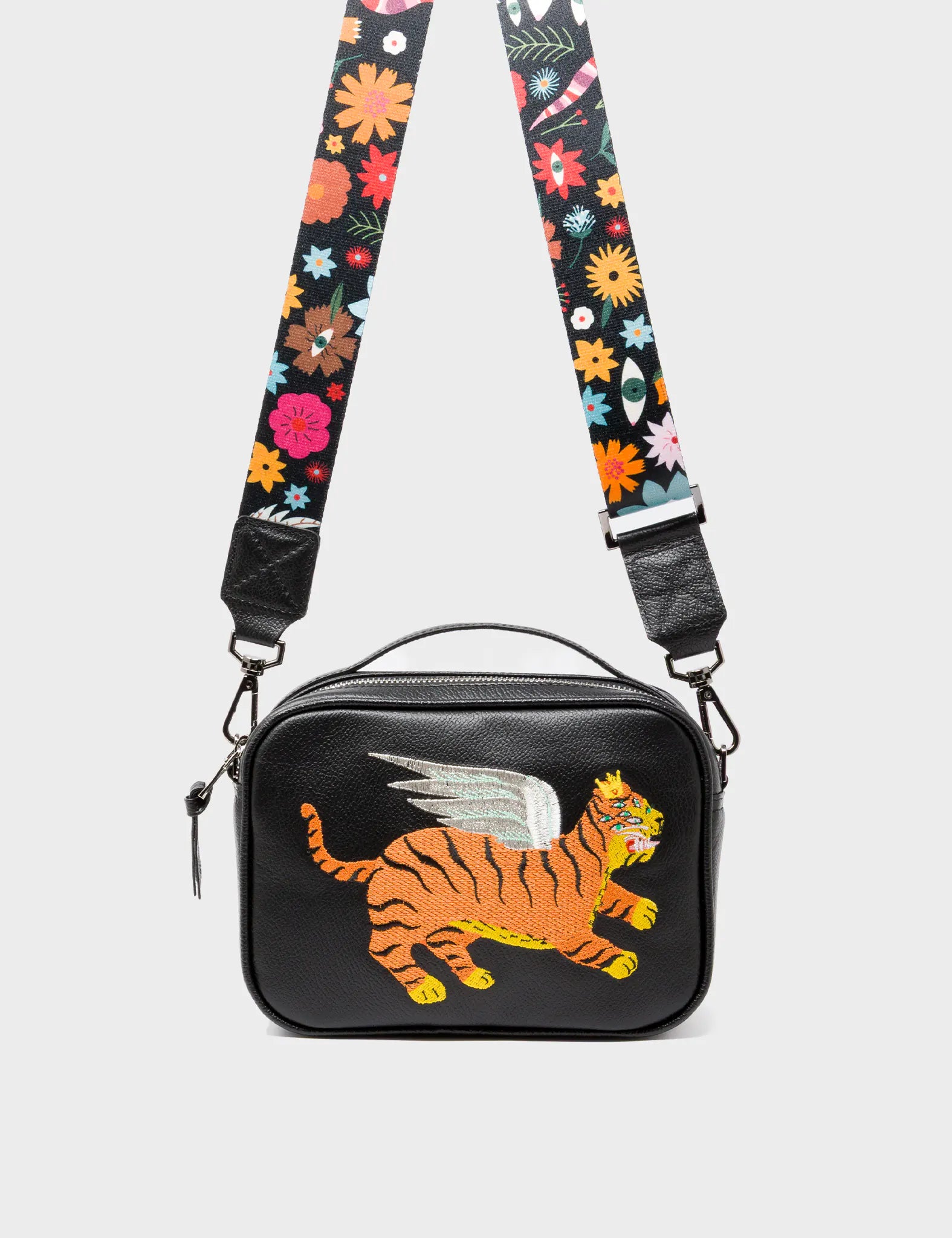Verto Black Leather Crossbody Bag - Winged Tiger Embroidery - Strap View