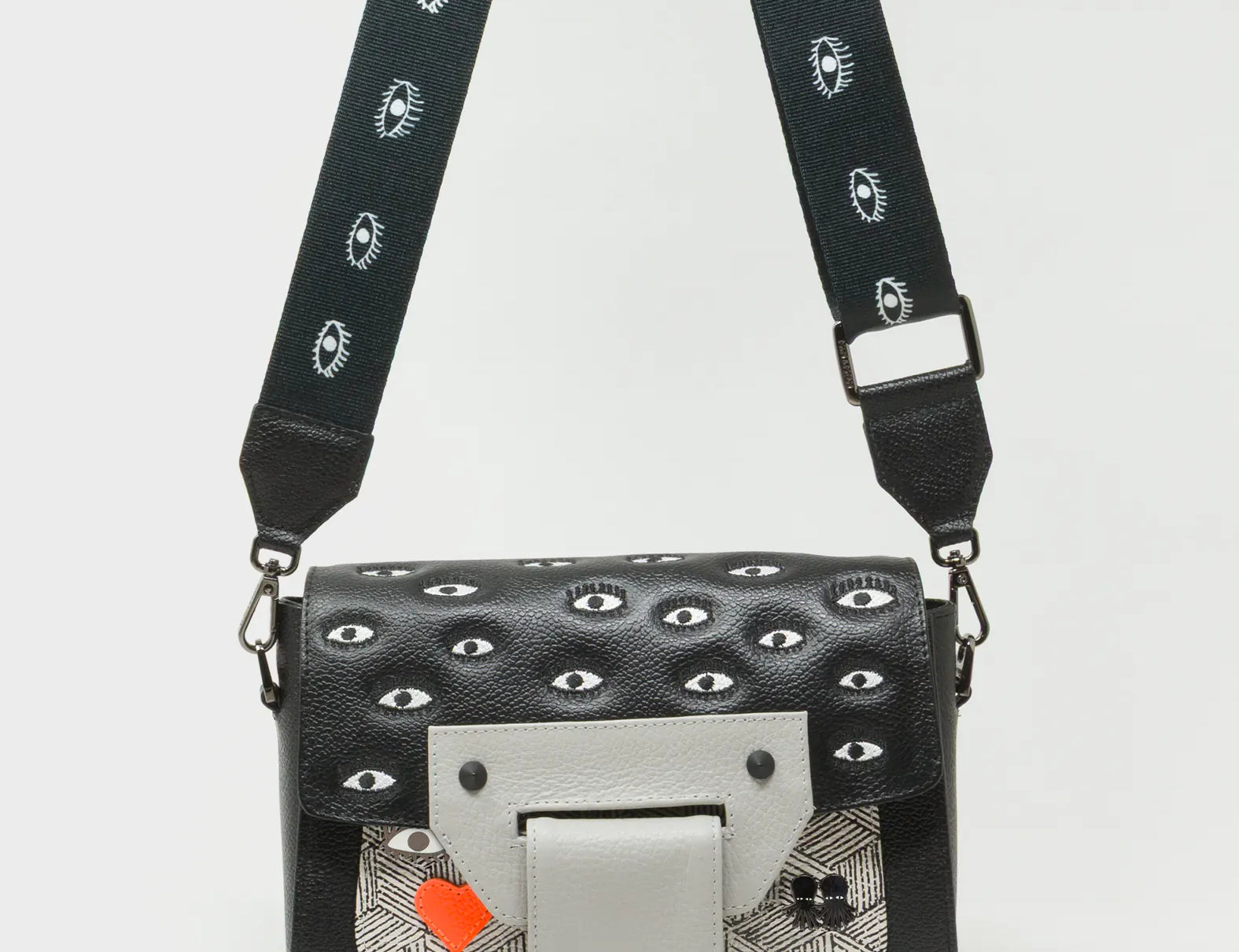 Cael Black and Moonwalk Gray Mini Shoulder Bag - All Over Eyes Embroidery - Front View