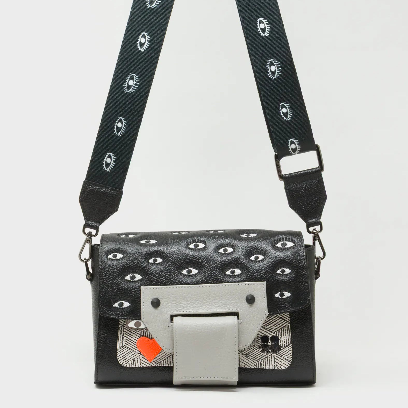 Cael Black and Moonwalk Gray Mini Shoulder Bag - All Over Eyes Embroidery - Front View