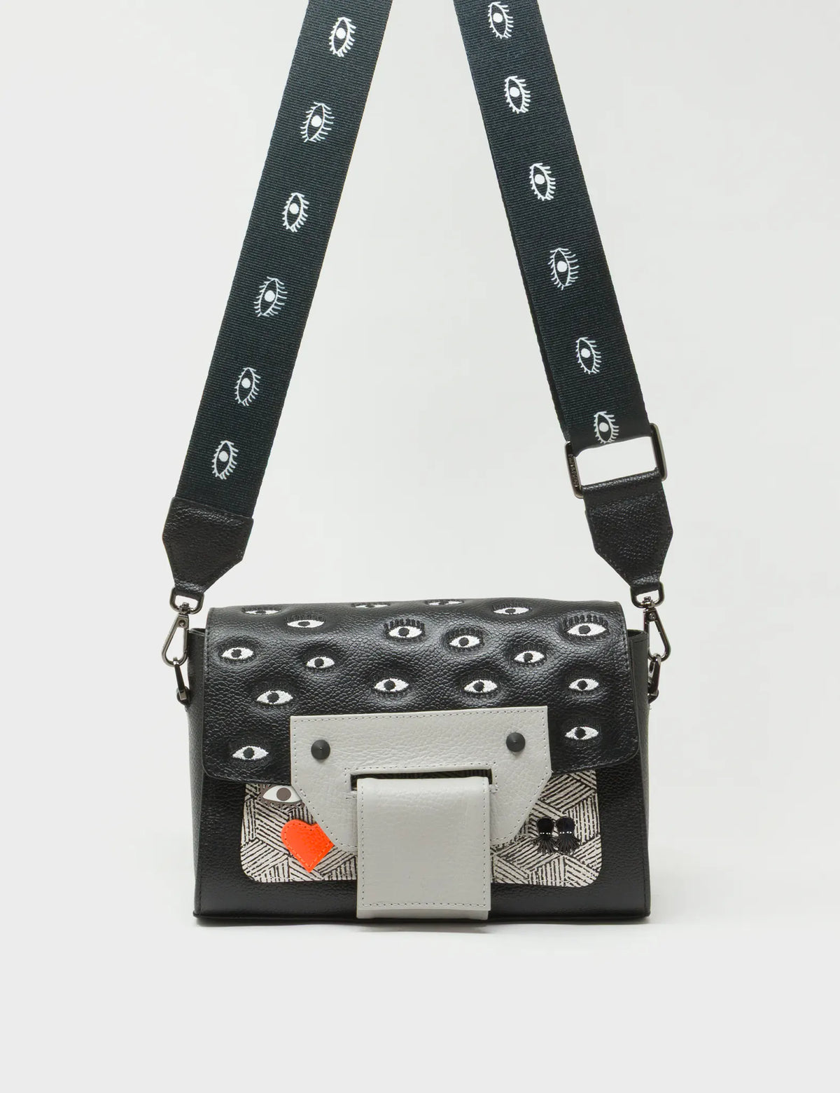 Cael Black and Moonwalk Gray Mini Shoulder Bag - All Over Eyes Embroidery - Front View