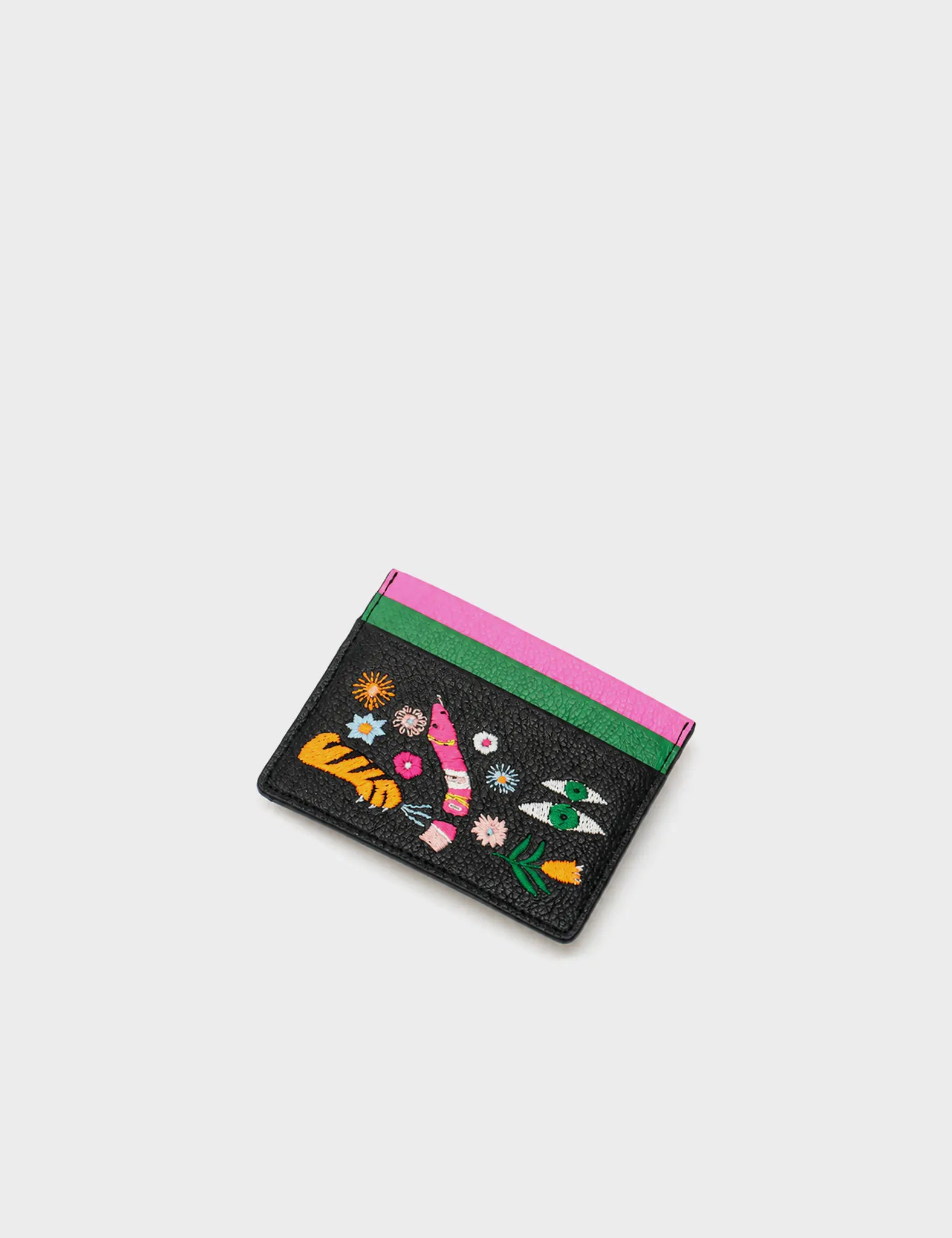 Filium Black Leather Cardholder - Flowers Embroidery - Side