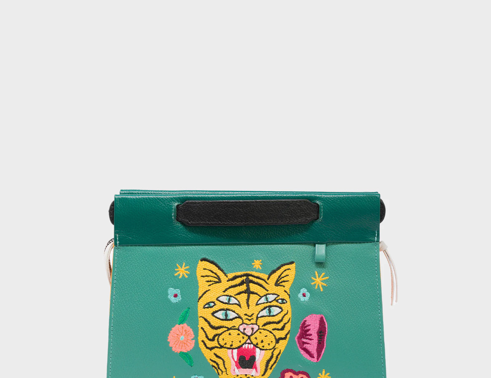 Vali Crossbody Small Deep Sea Green Leather Bag - Tiger and Flowers Embroidery - Front View