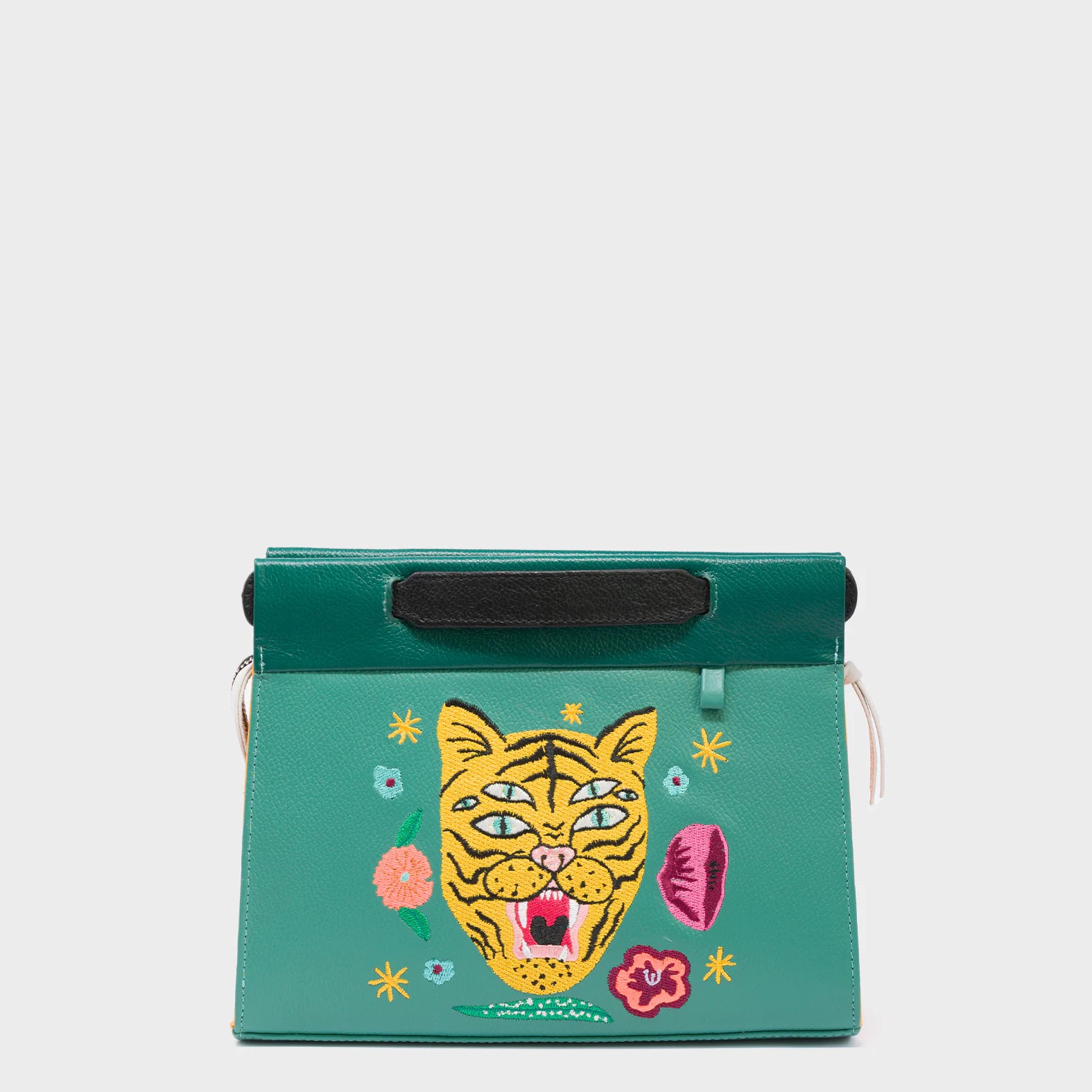 Vali Crossbody Small Deep Sea Green Leather Bag - Tiger and Flowers Embroidery - Front View
