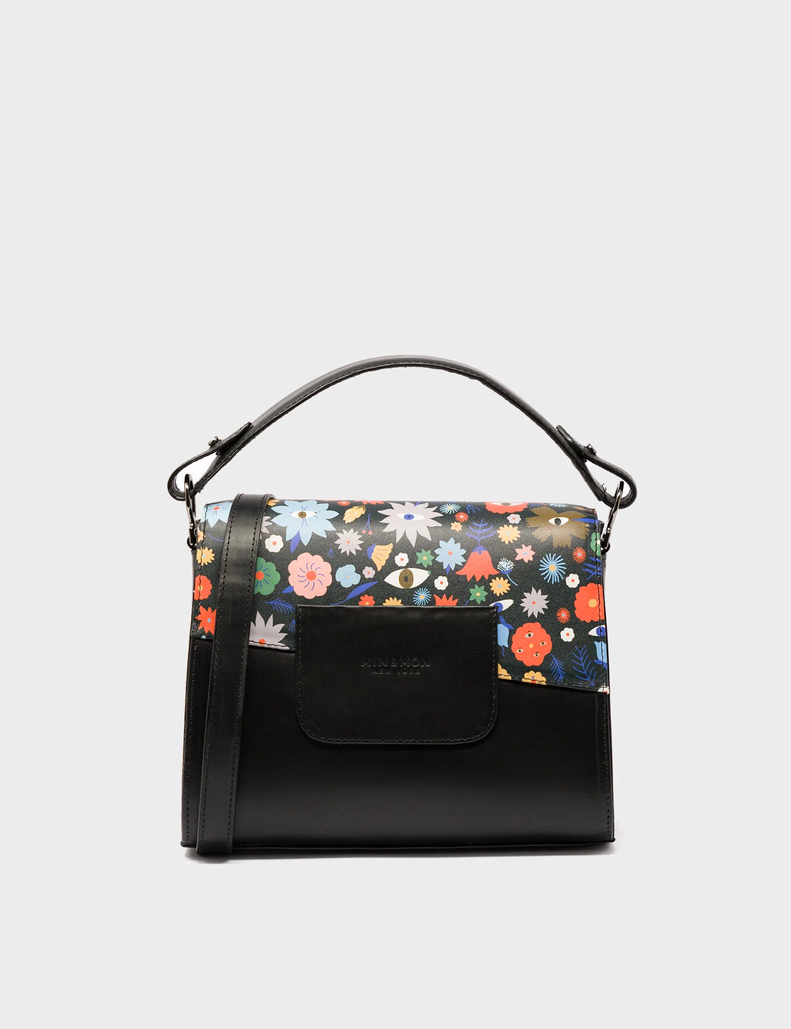 Mini Crossbody Handbag Manhattan Black Leather - Flowers Pattern Print - Back 