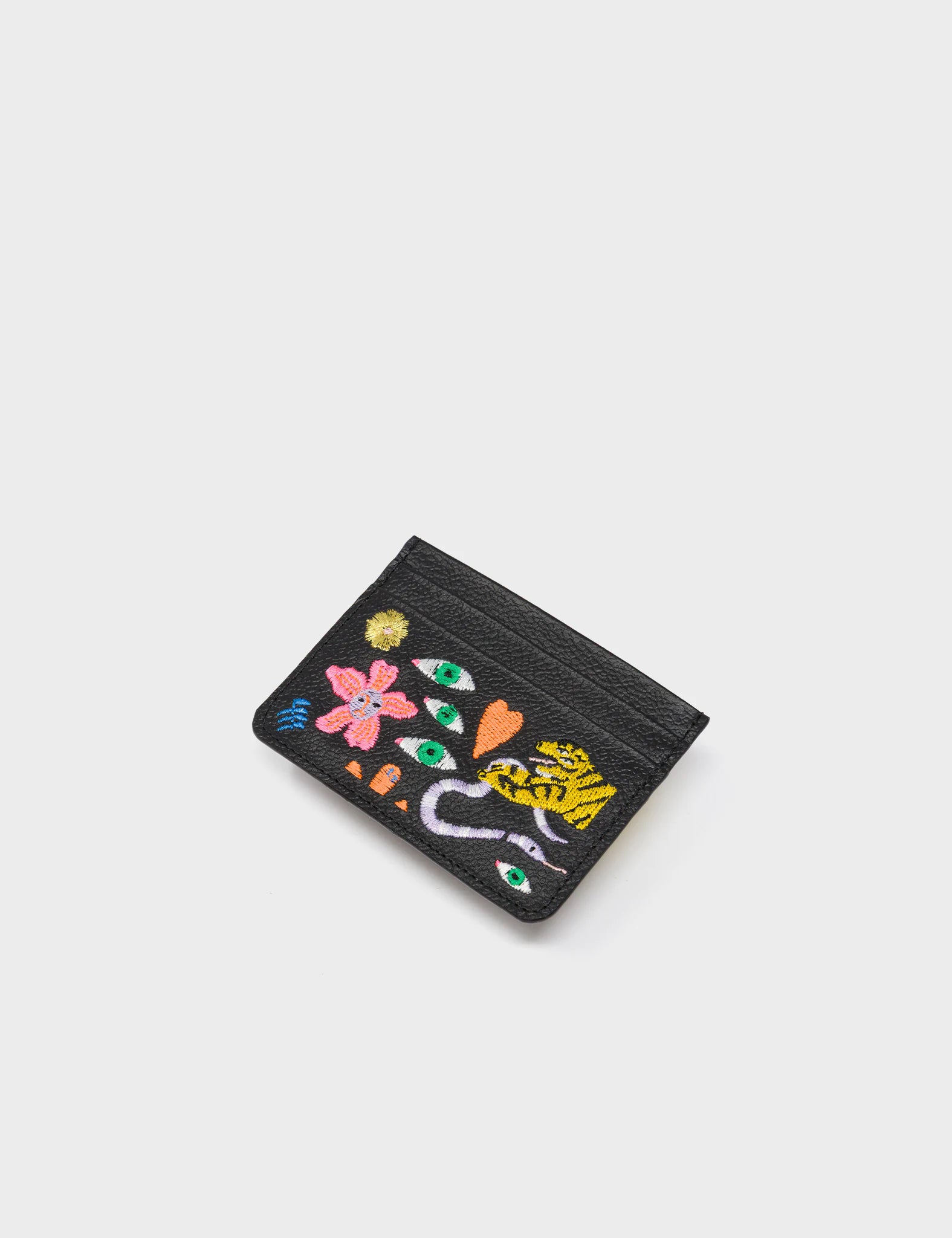 Filium Black Leather Cardholder - Leaves Embroidery - Side