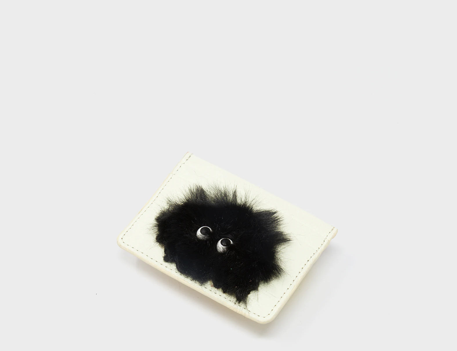 Filium Almond Leather Cardholder - Fuzzy Monster Applique - Side View
