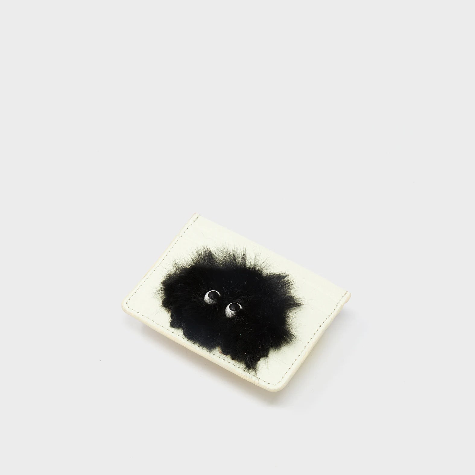 Filium Almond Leather Cardholder - Fuzzy Monster Applique - Side View