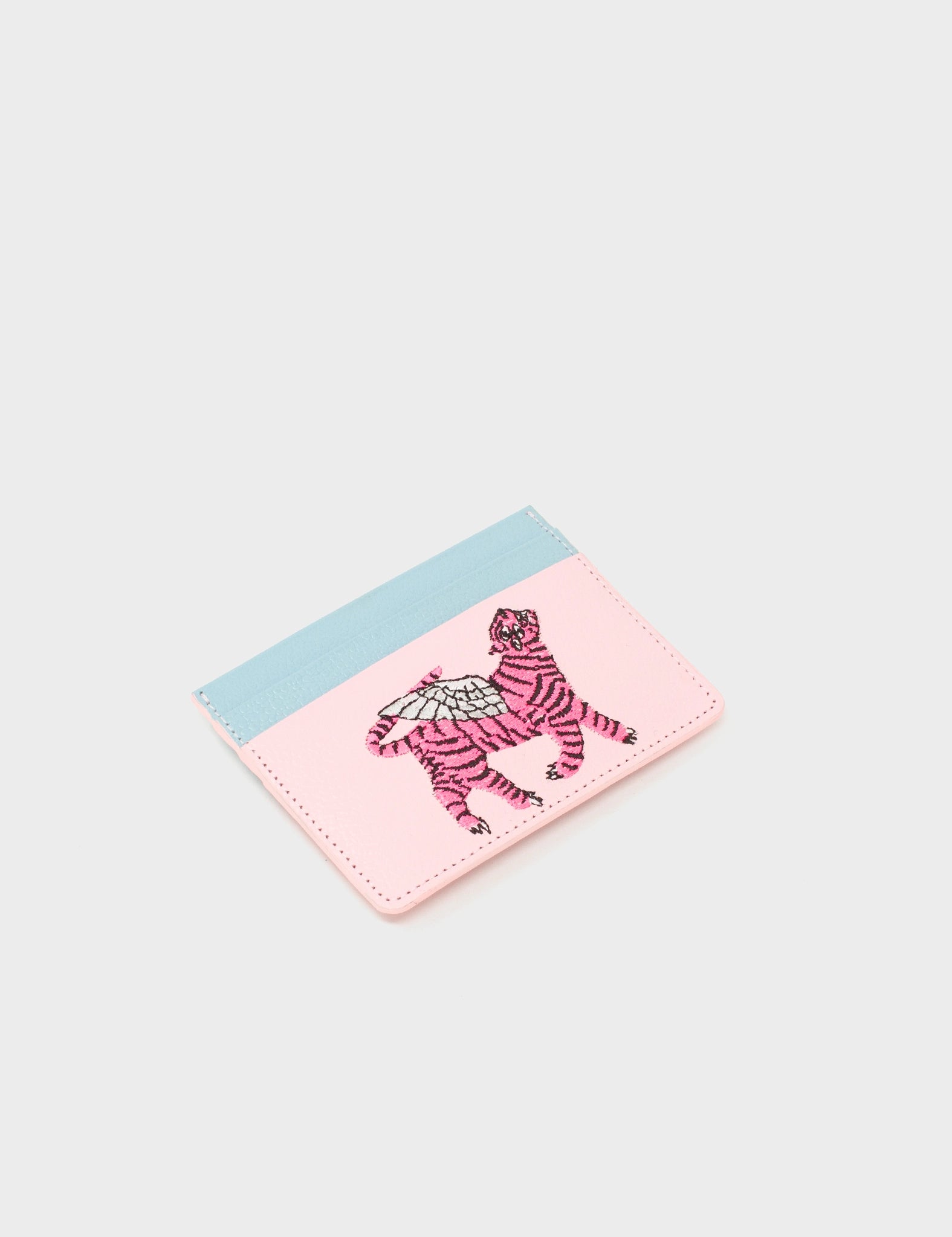Parfait Pink And Stratosphere Blue Leather Cardholder - Tiger with Wings Embroidery  - Side 