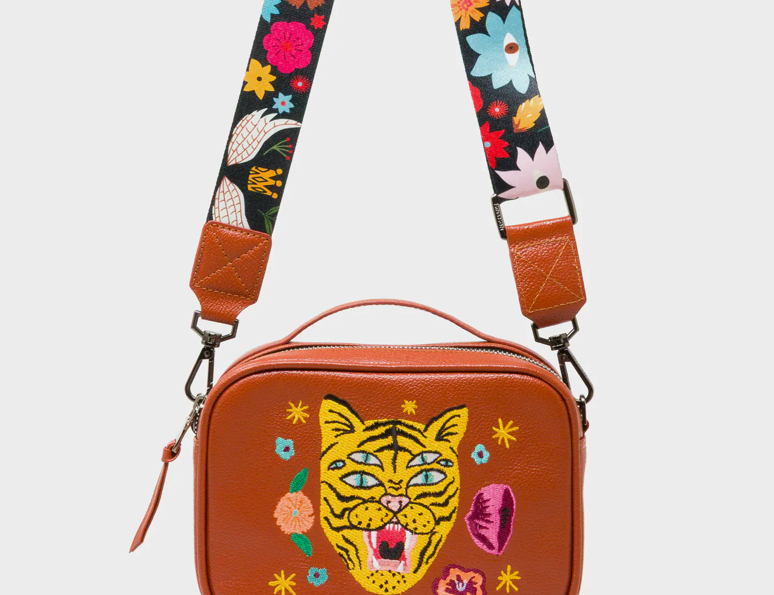 Verto Baked City Brown Leather Crossbody Bag - Happy Tiger Embroidery - Front view