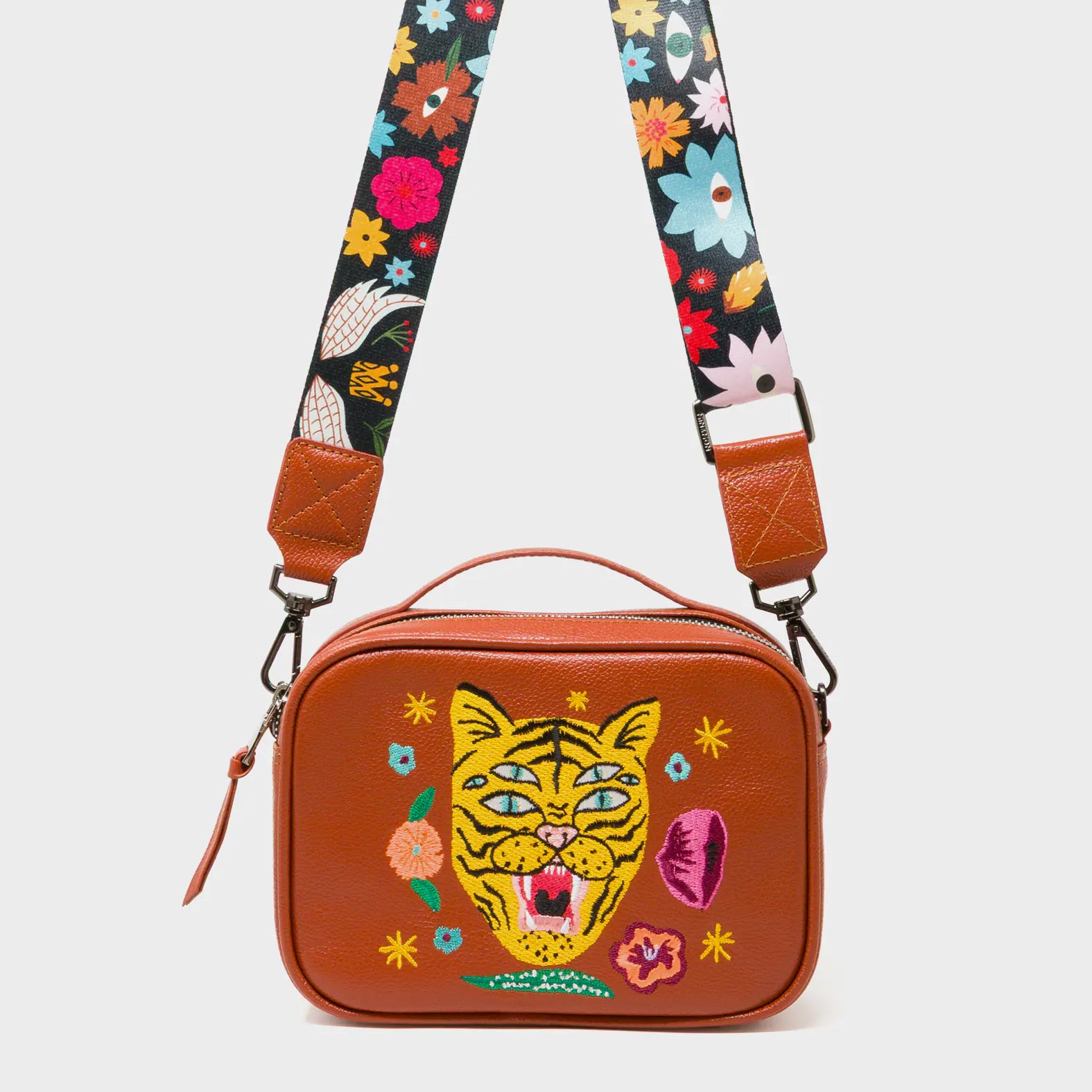 Verto Baked City Brown Leather Crossbody Bag - Happy Tiger Embroidery - Front view