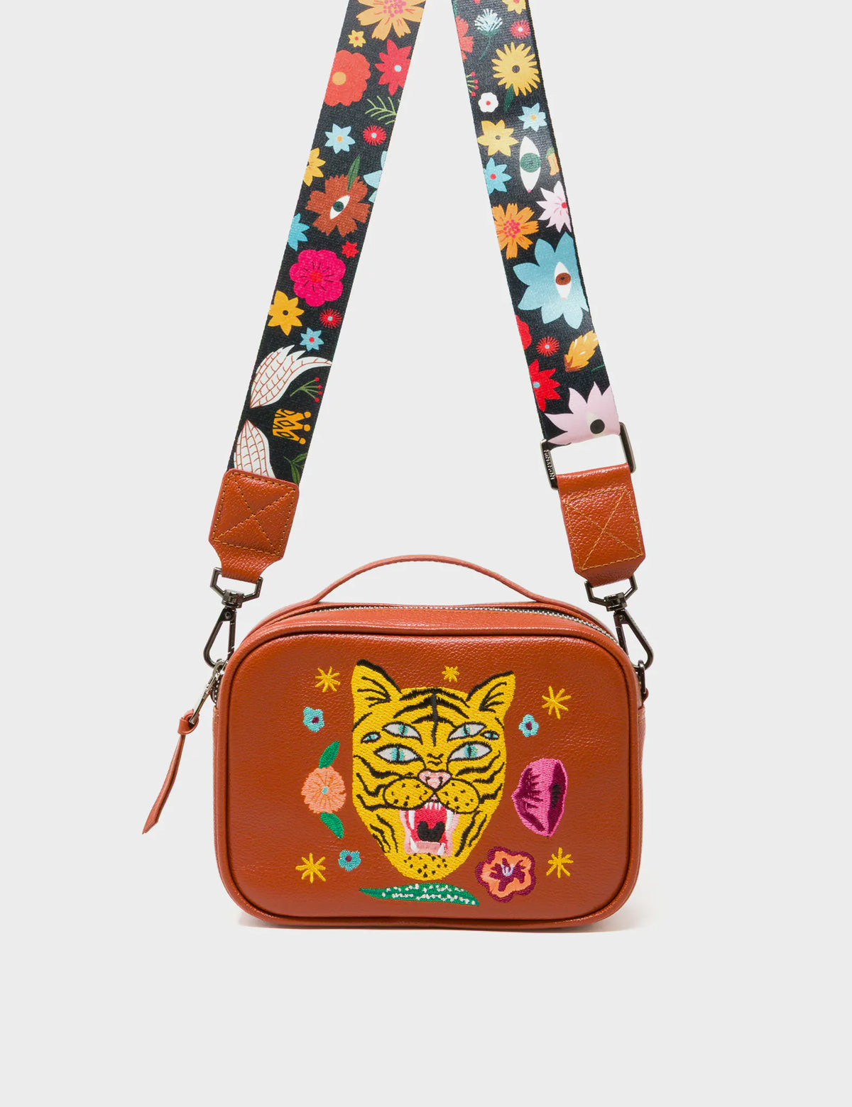 Verto Baked City Brown Leather Crossbody Bag - Happy Tiger Embroidery - Front view