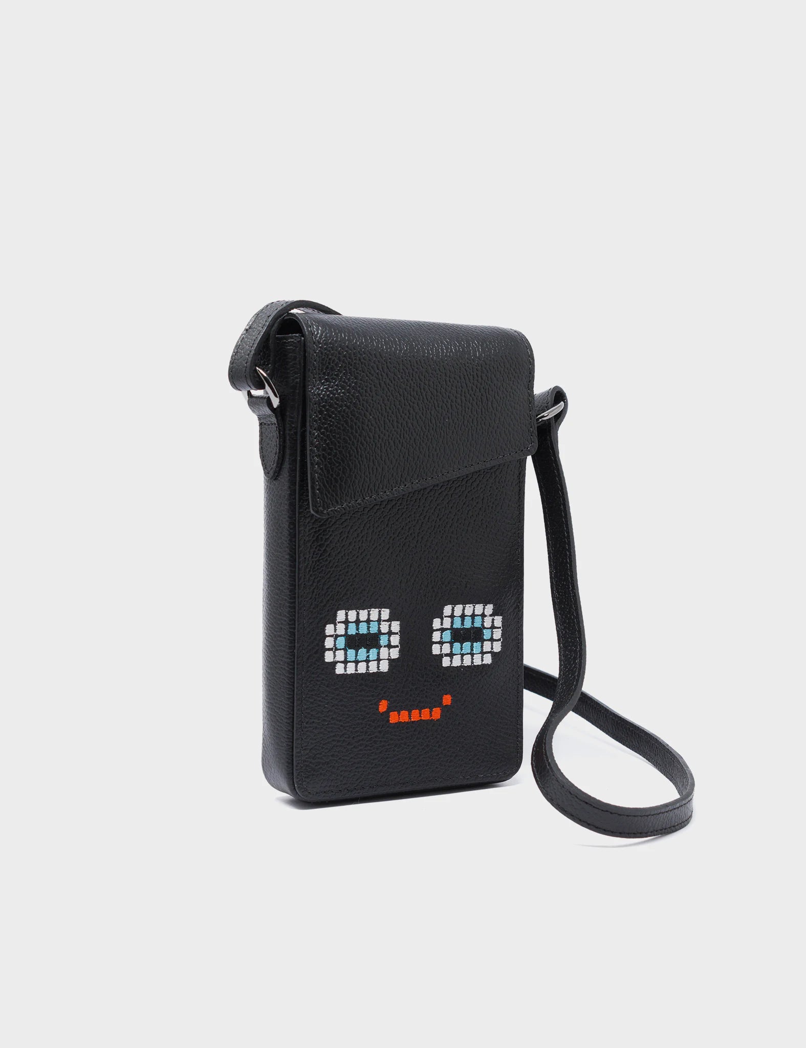 Max Black Cellphone Crossbody Pouch - Happy Face Embroidery - Main View