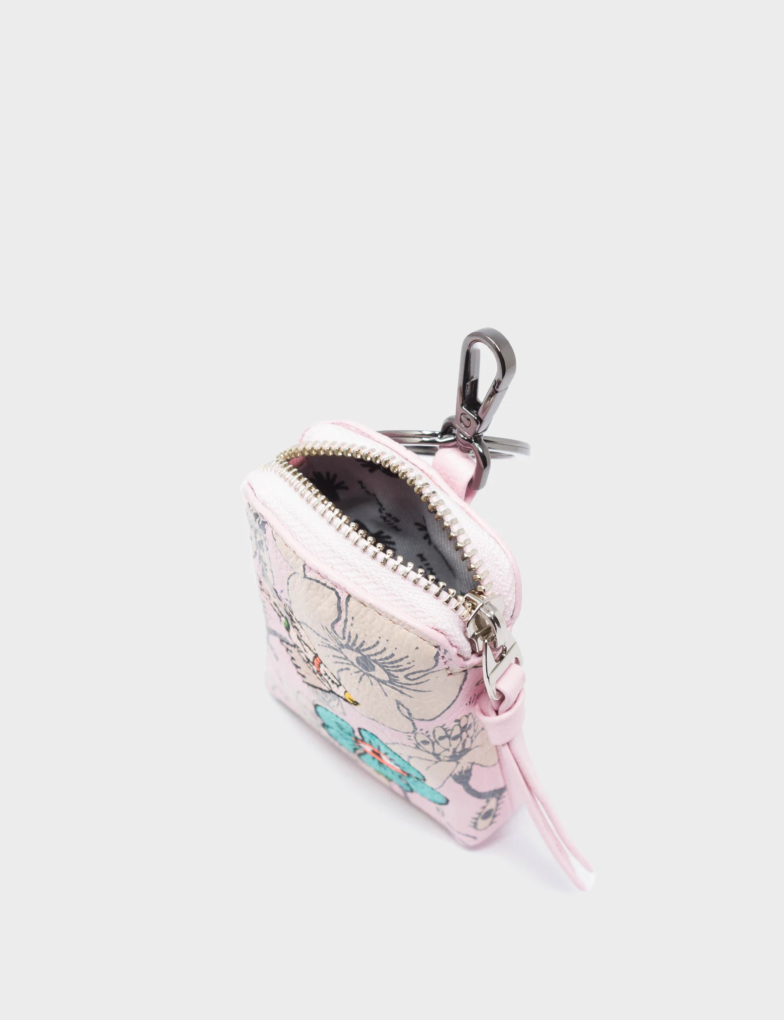 Florence Pouch Charm  - Parfait Pink Leather Keychain Flowers Print - Open View