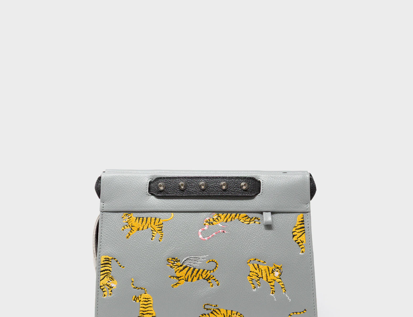 Vali Crossbody Small Gray Leather Bag - Tiger Rumble Embroidery - Front