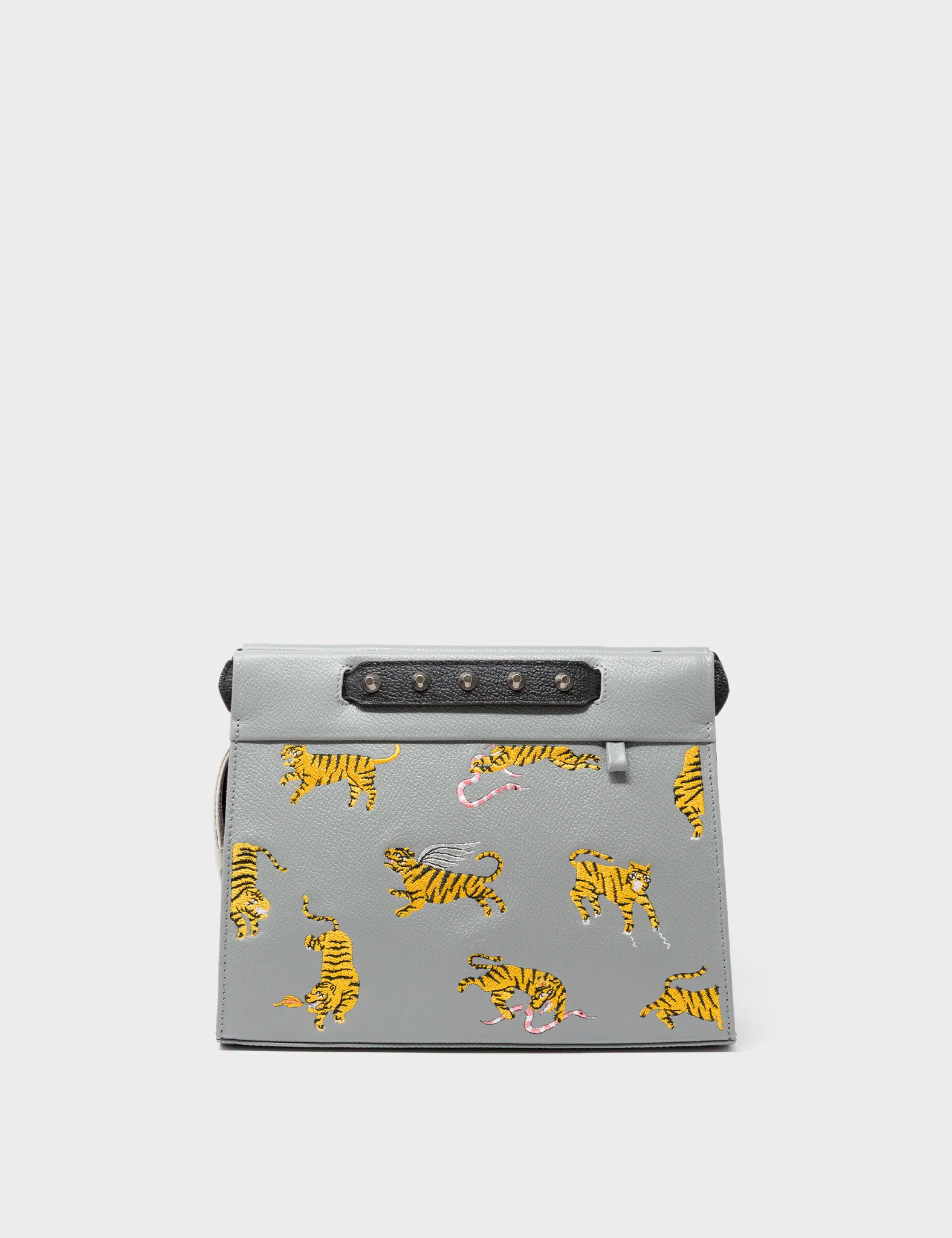 Vali Crossbody Small Gray Leather Bag - Tiger Rumble Embroidery - Front
