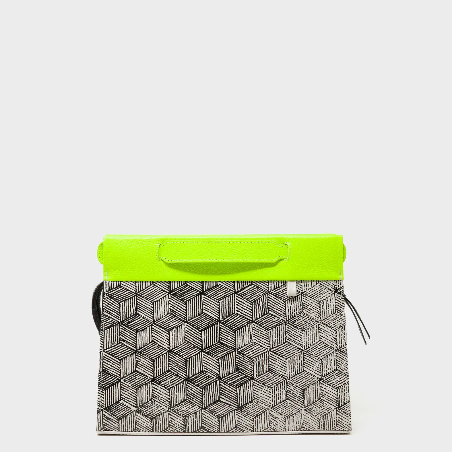 Vali Small Crossbody Cream and Neon Green Leather Bag - Cubes Print - Front View