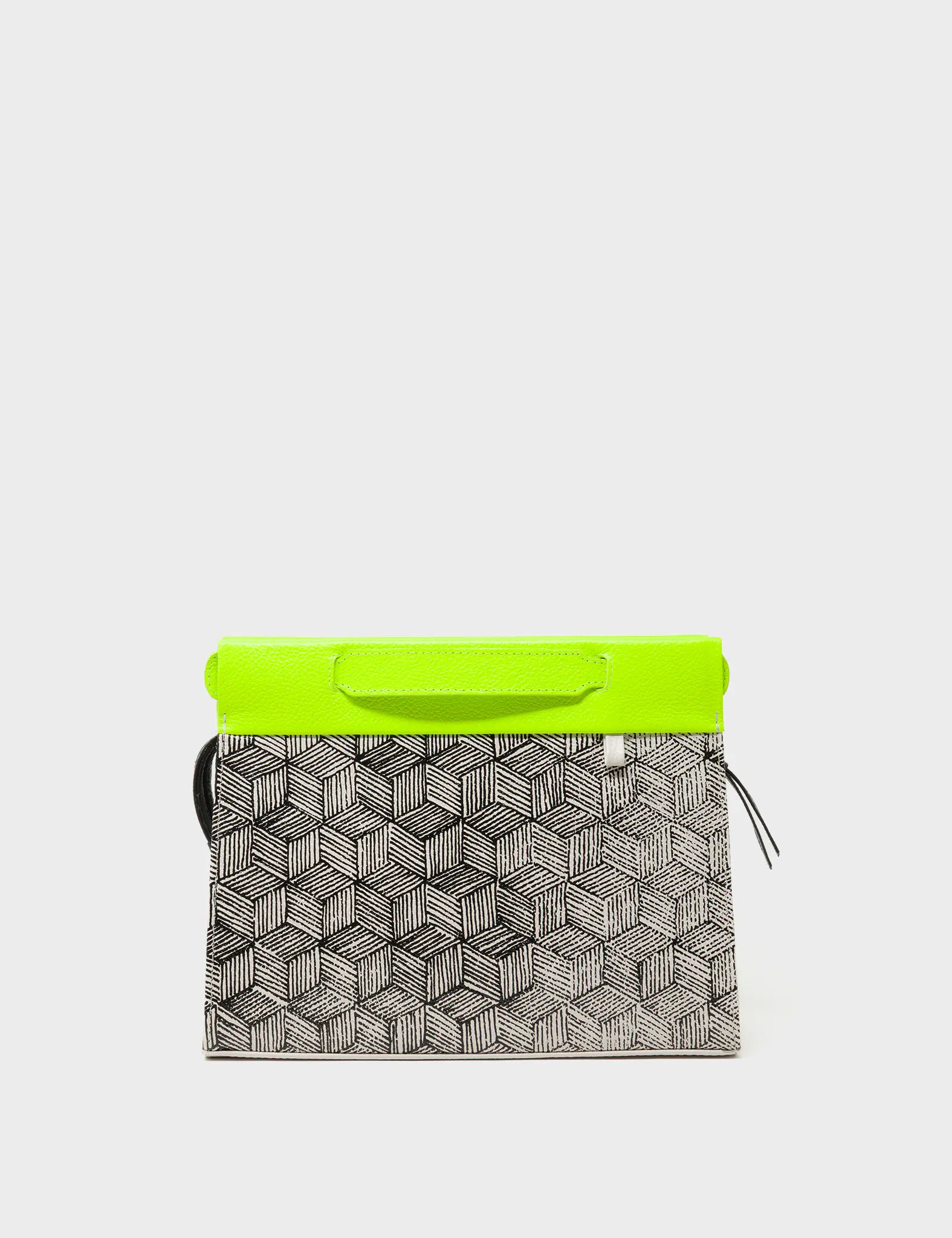 Vali Small Crossbody Cream and Neon Green Leather Bag - Cubes Print - Front View