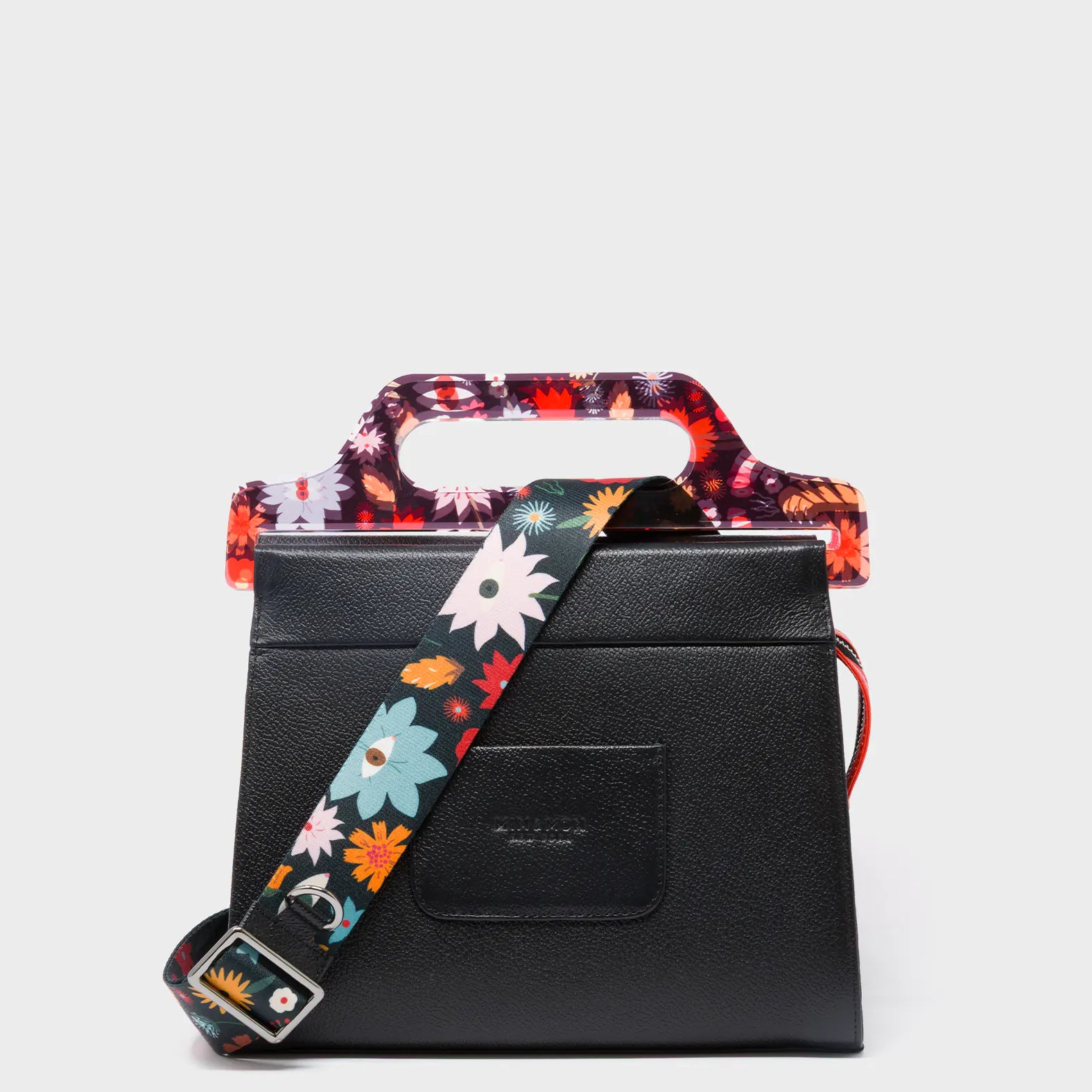 Vali Black Leather Crossbody Handbag Plastic Handle - Tiger And Snake Print - Back View