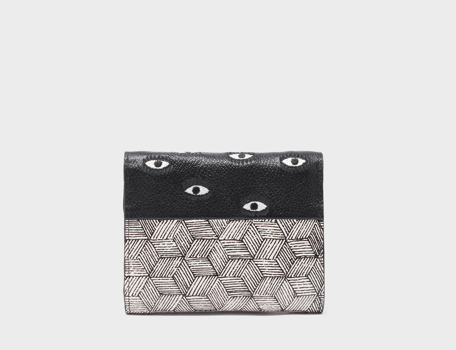Fiona Black and Cream Leather Wallet - All Over Eyes Embroidery - Back View