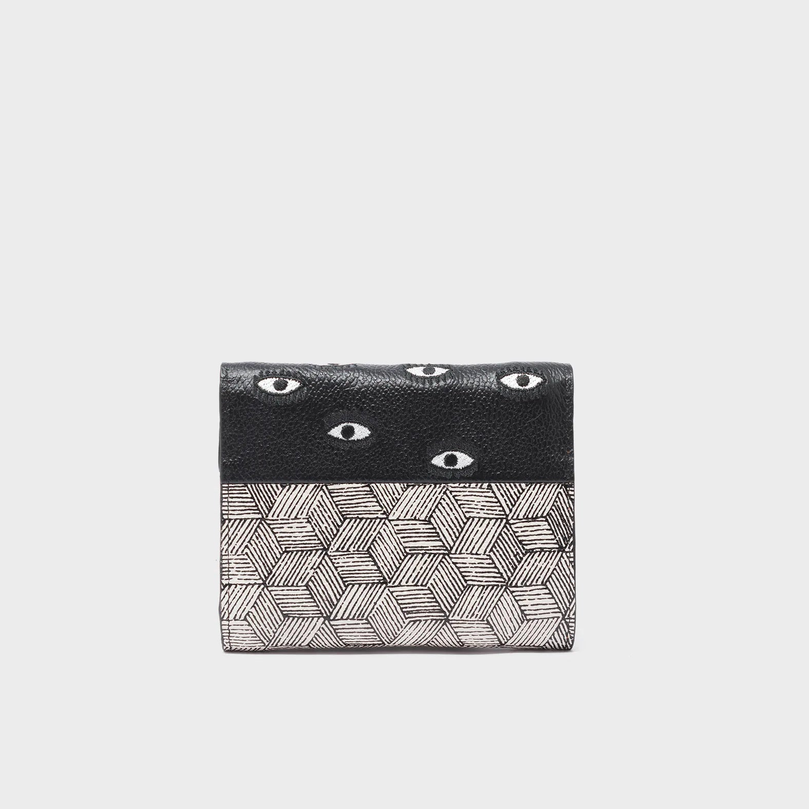Fiona Black and Cream Leather Wallet - All Over Eyes Embroidery - Back View