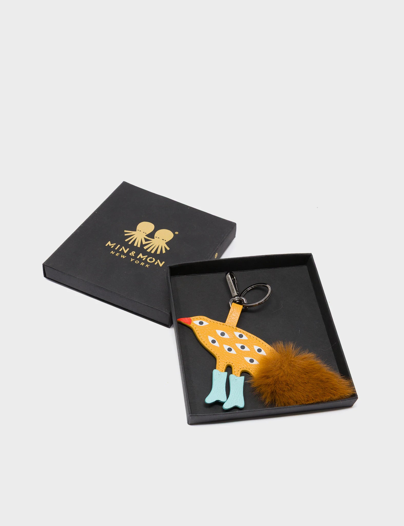 Bird In Boots Charm - Golden Glow and Brown Leather Keychain - package