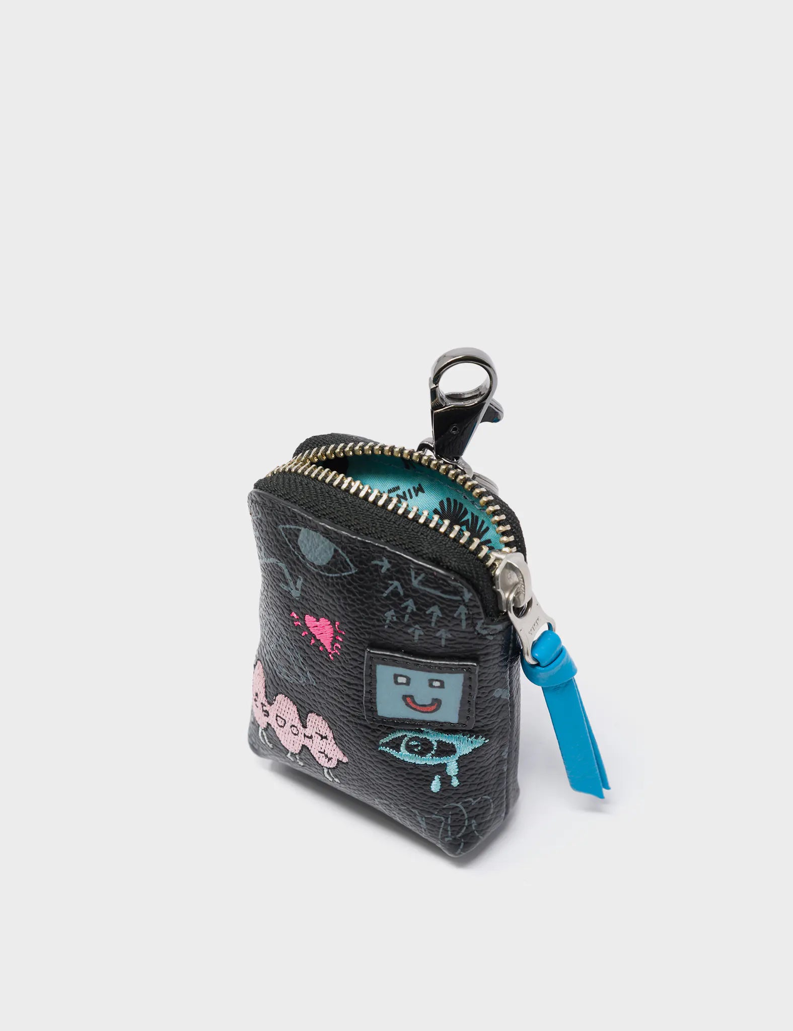 Florence Pouch Charm  - Black Leather Keychain Urban Doodles Print - Detail View