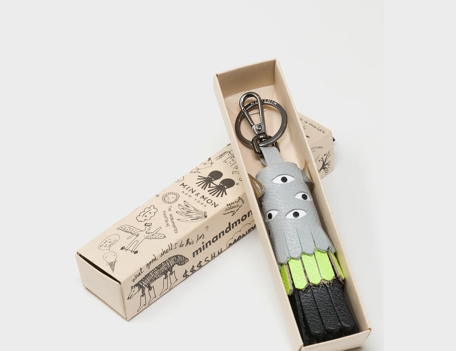 Oliver The Ox Charm - Moonwalk Gray and Neon Lime Leather Keychain - Box VIew