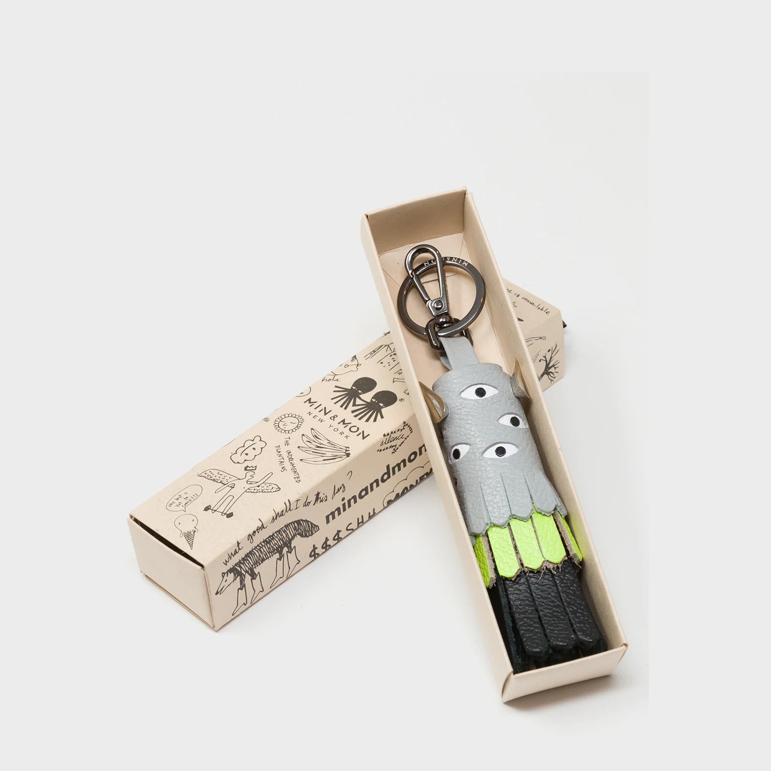 Oliver The Ox Charm - Moonwalk Gray and Neon Lime Leather Keychain - Box VIew