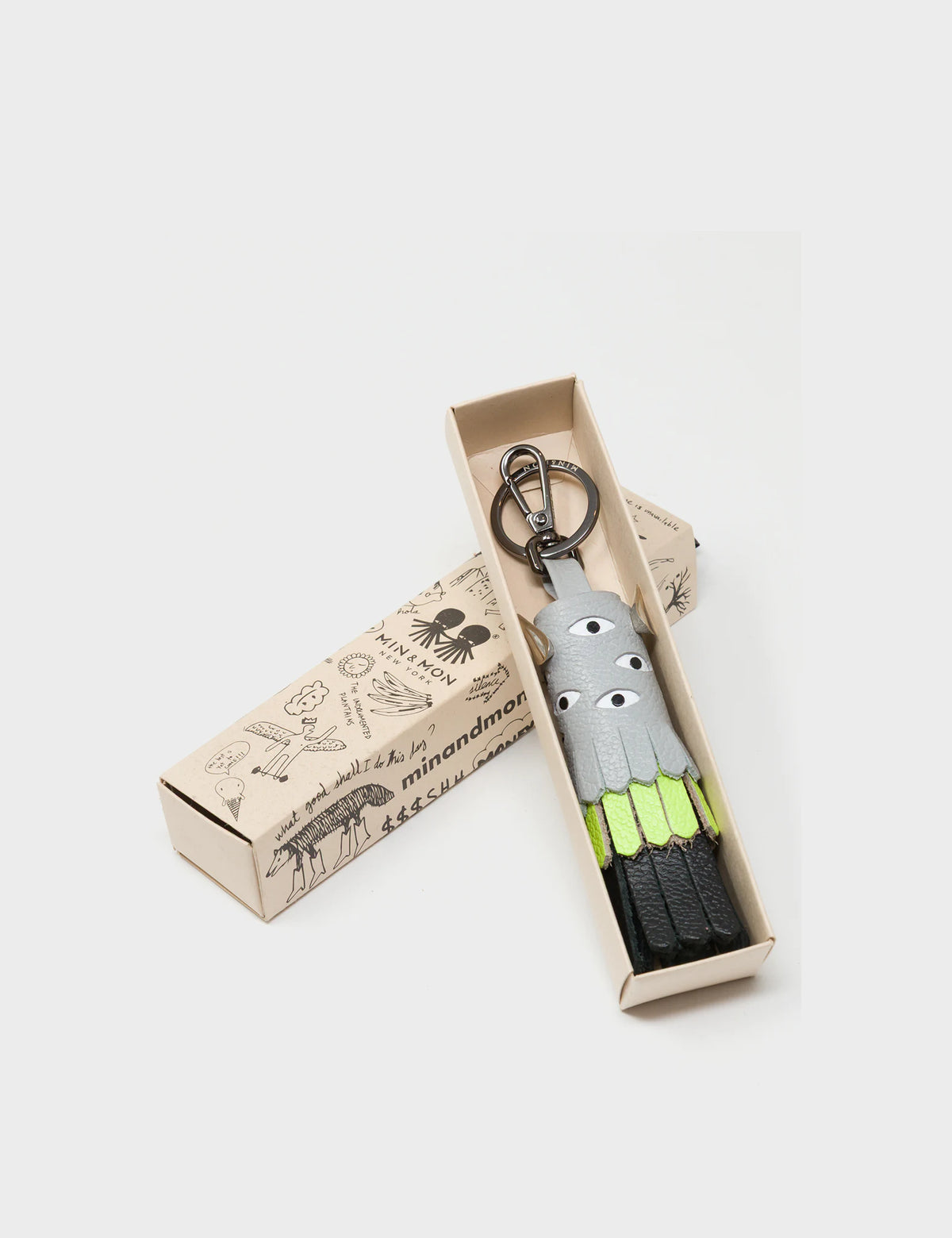 Oliver The Ox Charm - Moonwalk Gray and Neon Lime Leather Keychain - Box VIew