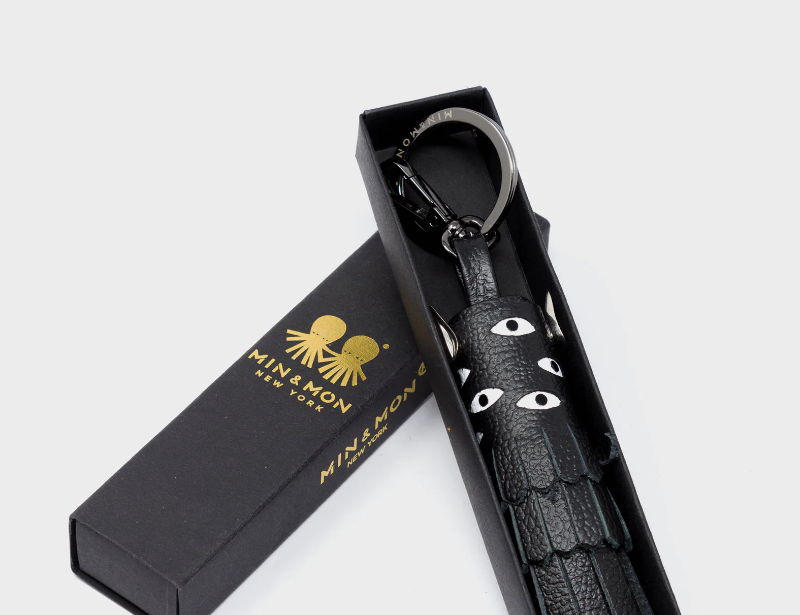 Oliver The Ox Charm - Black Leather Keychain - Package