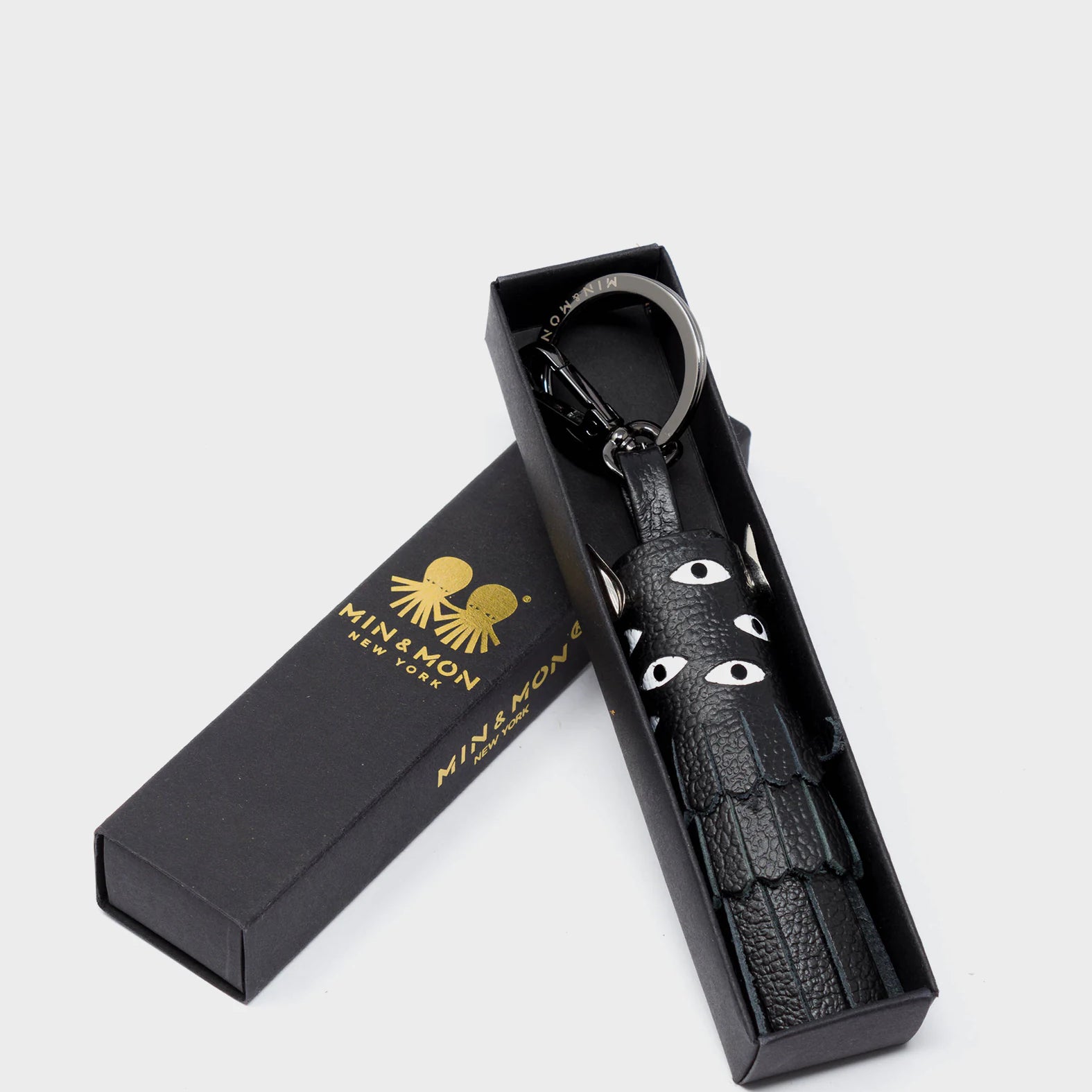 Oliver The Ox Charm - Black Leather Keychain - Package