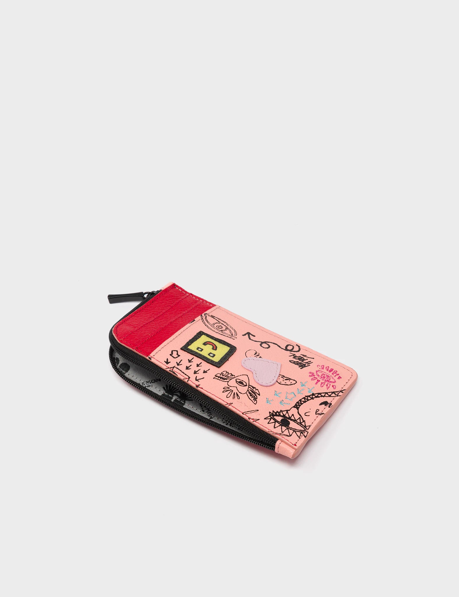 Fausto Rose Leather Zip-around Cardholder - Urban Doodles Print - Detail View