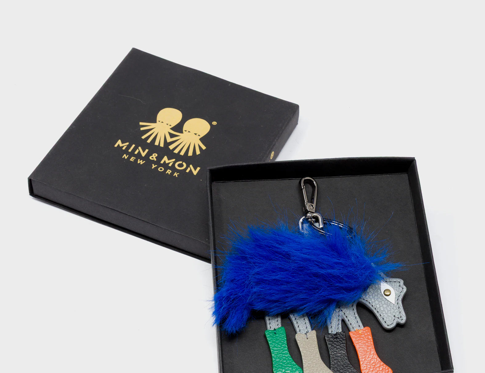 Wolf In Heels Charm - Blue Faux Fur and Multicolored Boots Keychain - Package