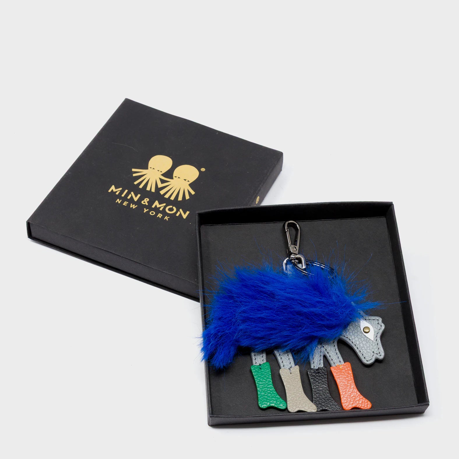 Wolf In Heels Charm - Blue Faux Fur and Multicolored Boots Keychain - Package