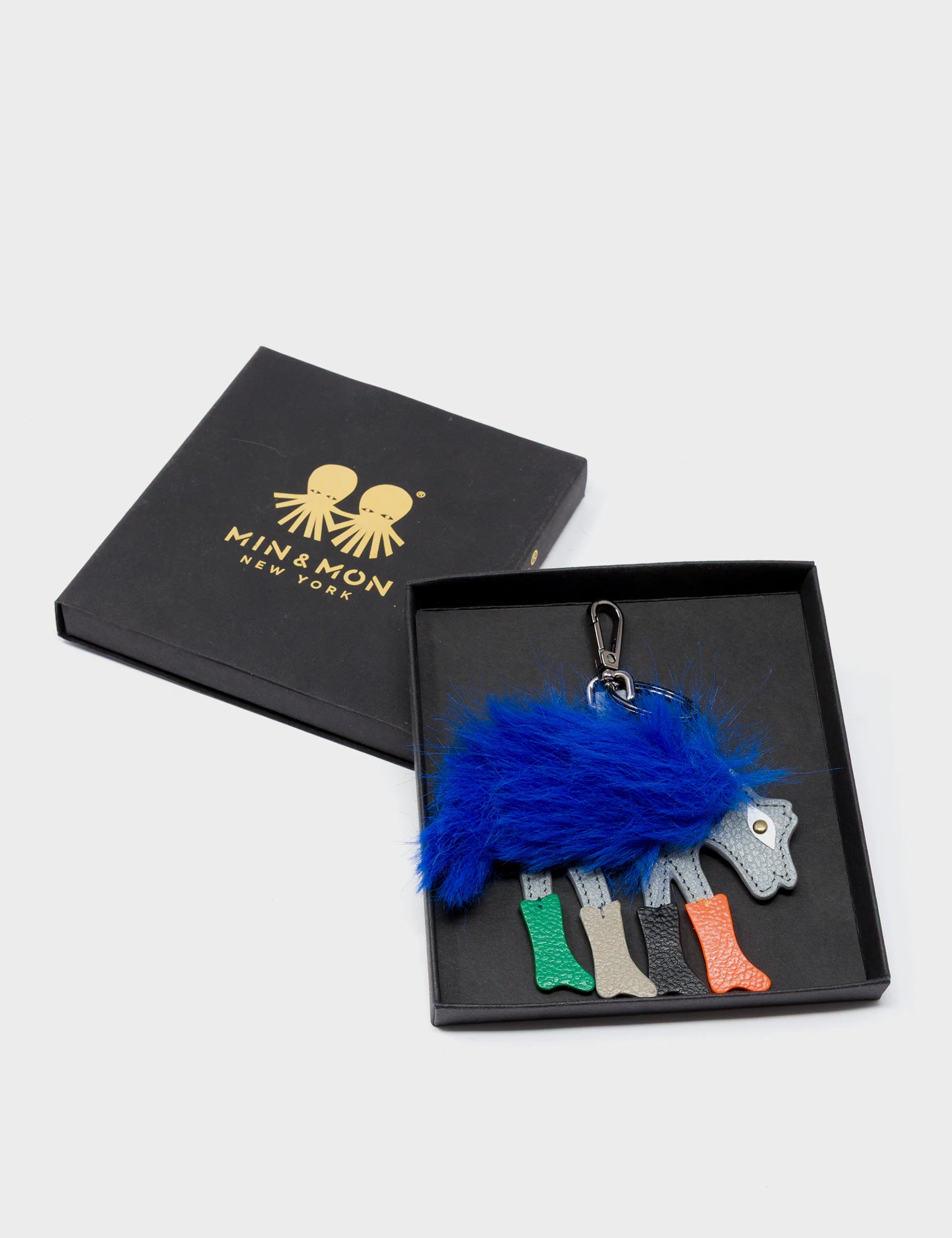 Wolf In Heels Charm - Blue Faux Fur and Multicolored Boots Keychain - Package