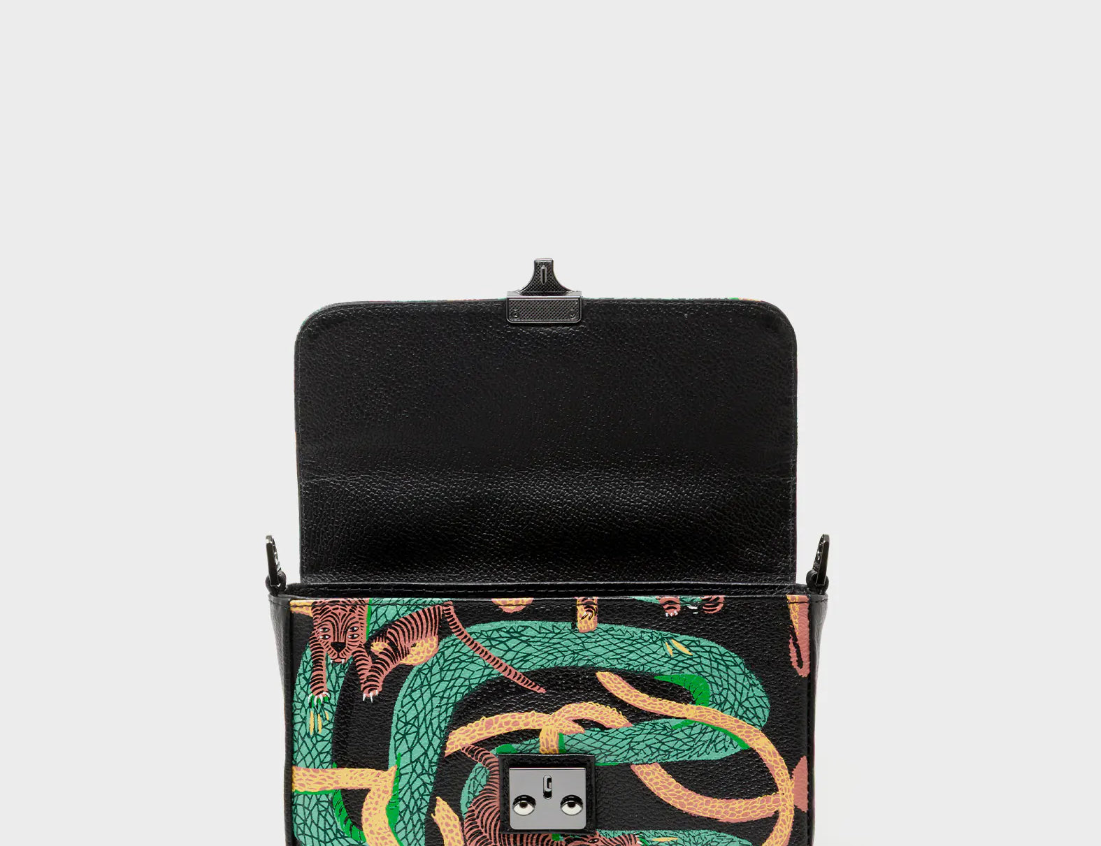 Amantis Black Leather Crossbody Mini Handbag - Tangle Tales Design - Open View