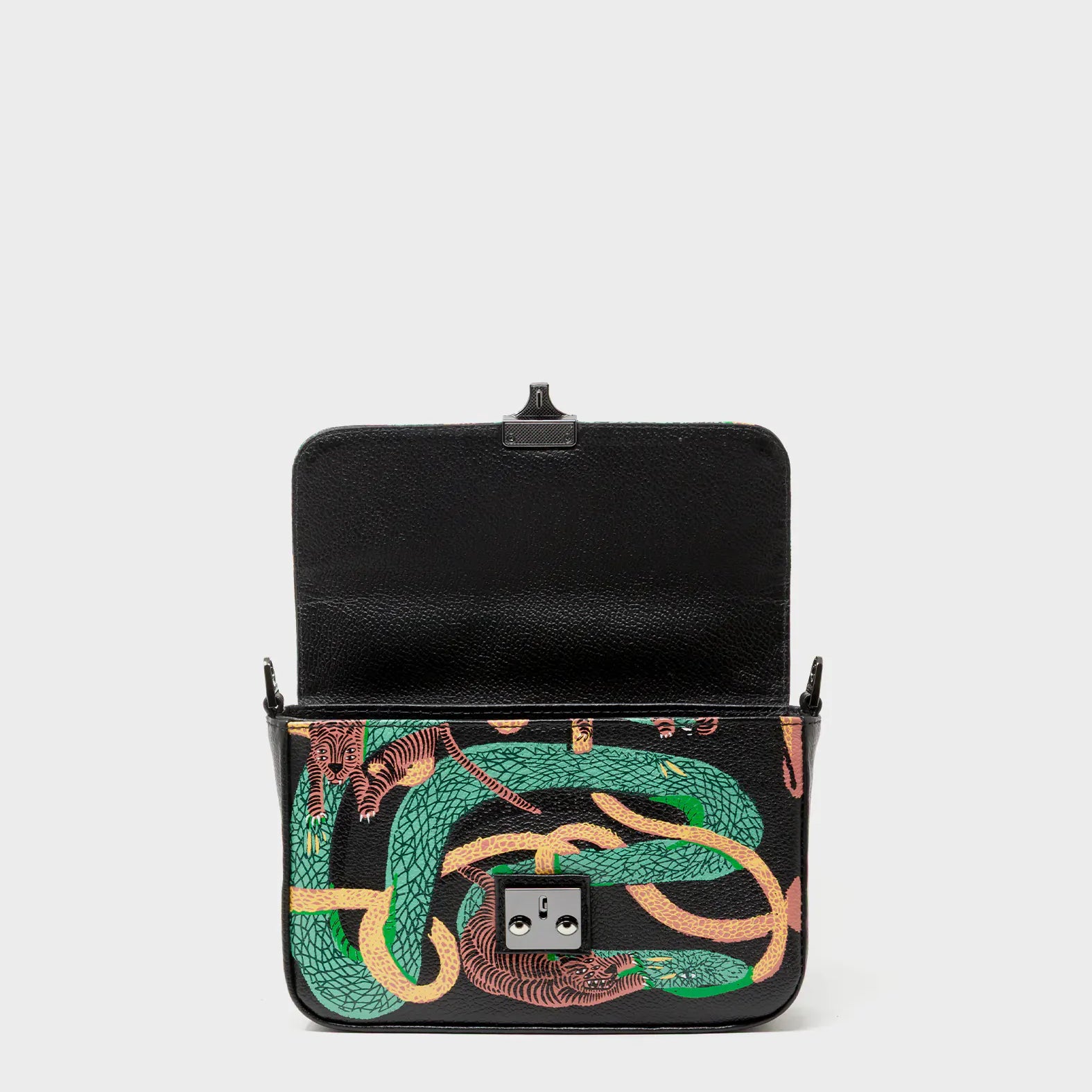 Amantis Black Leather Crossbody Mini Handbag - Tangle Tales Design - Open View