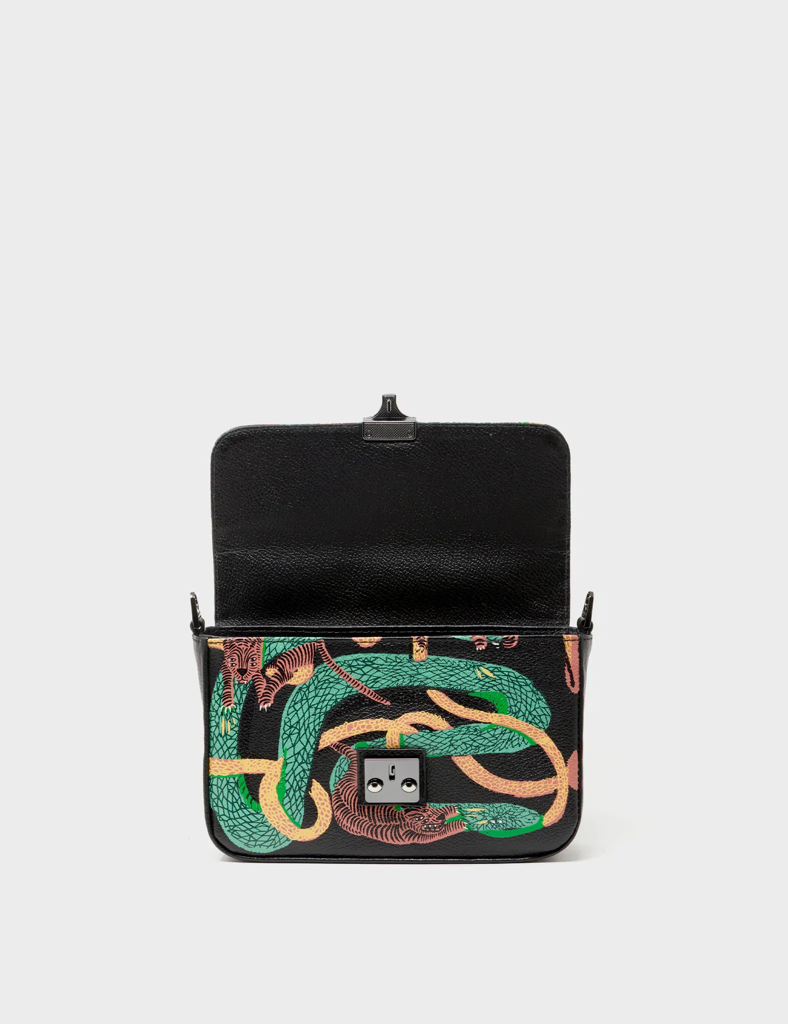 Amantis Black Leather Crossbody Mini Handbag - Tangle Tales Design - Open View