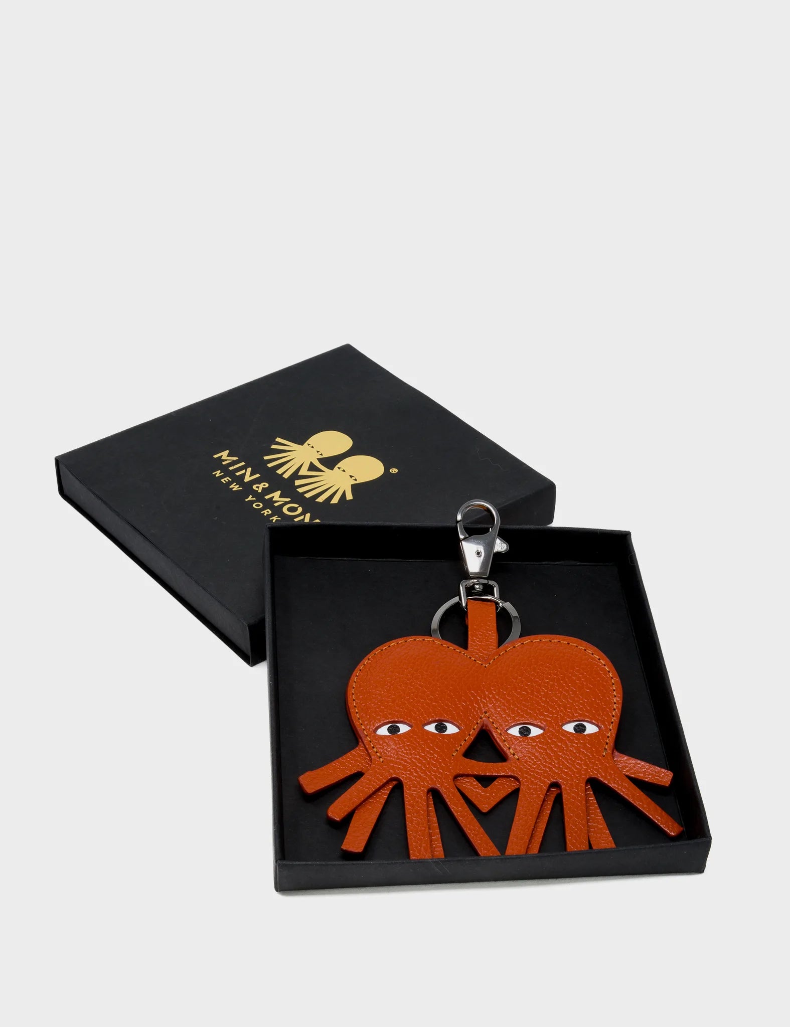 Twin Octopus Charm - Cinnamon Leather Keychain - Box