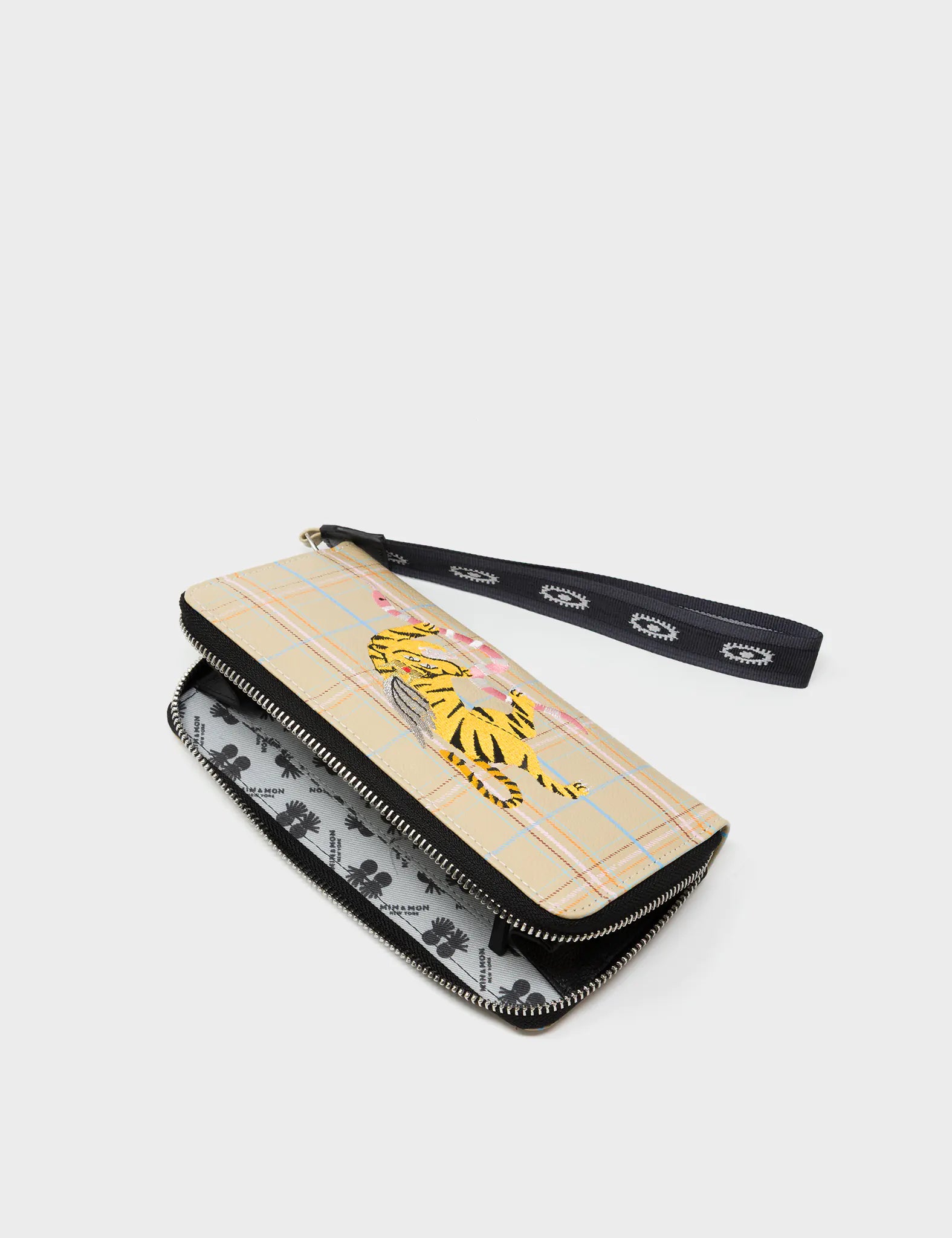 Francis Taos Taupe Leather Wallet - Winged Tiger Embroidery - Open