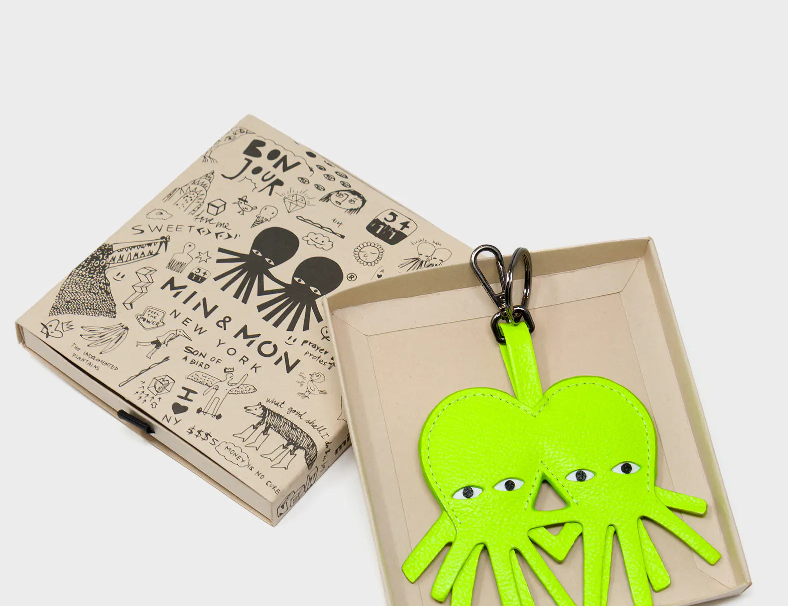 Octotwins Charm - Neon Lime Leather Keychain - Box
